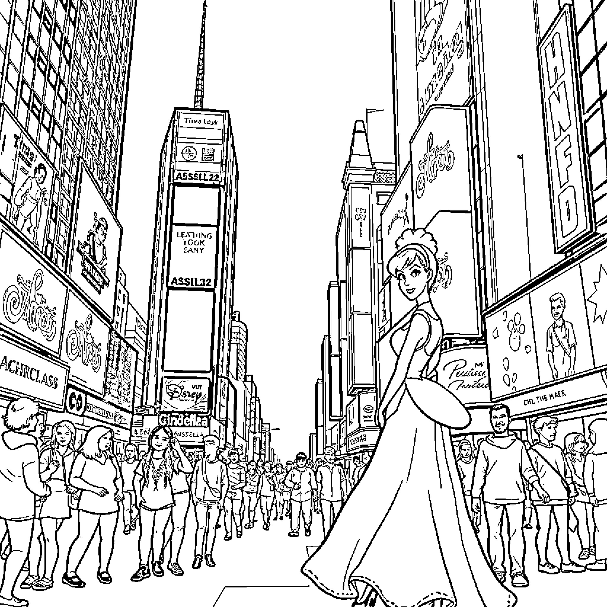 Cinderella's Enchanting Journey through the City Coloring Page (free black-and-white line drawing printable PDF for all, from beginners to advanced learners, including children, teens, adults, and seniors)