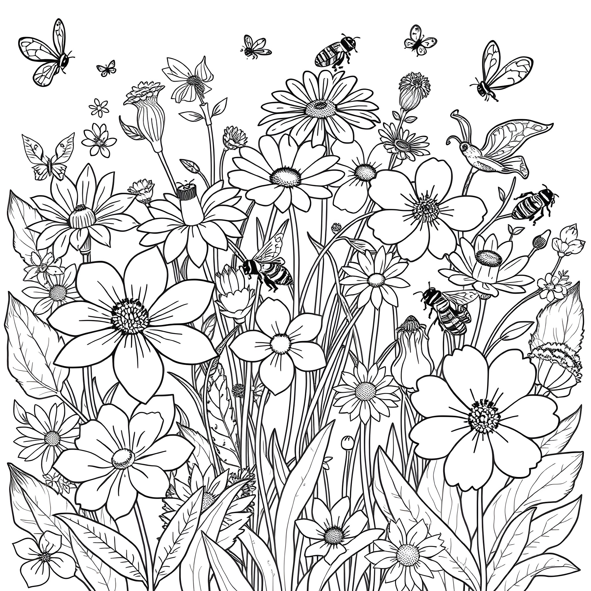 Flower Garden with Butterflies and Bees Coloring Page (free black-and-white line drawing printable PDF for all, from beginners to advanced learners, including children, teens, adults, and seniors)
