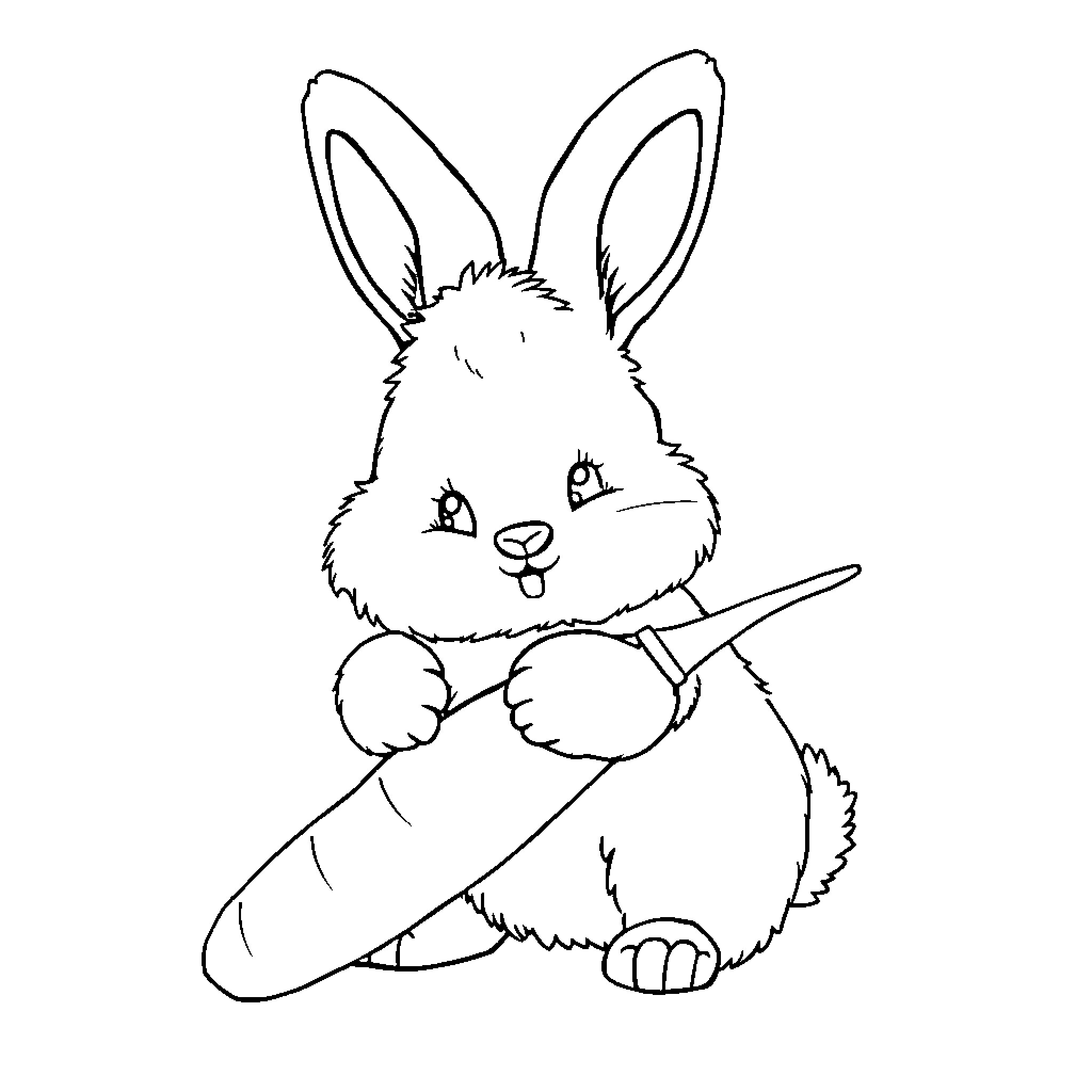 Bunny holding carrot and smiling Coloring Page (free black-and-white line drawing printable PDF for all, from beginners to advanced learners, including children, teens, adults, and seniors)