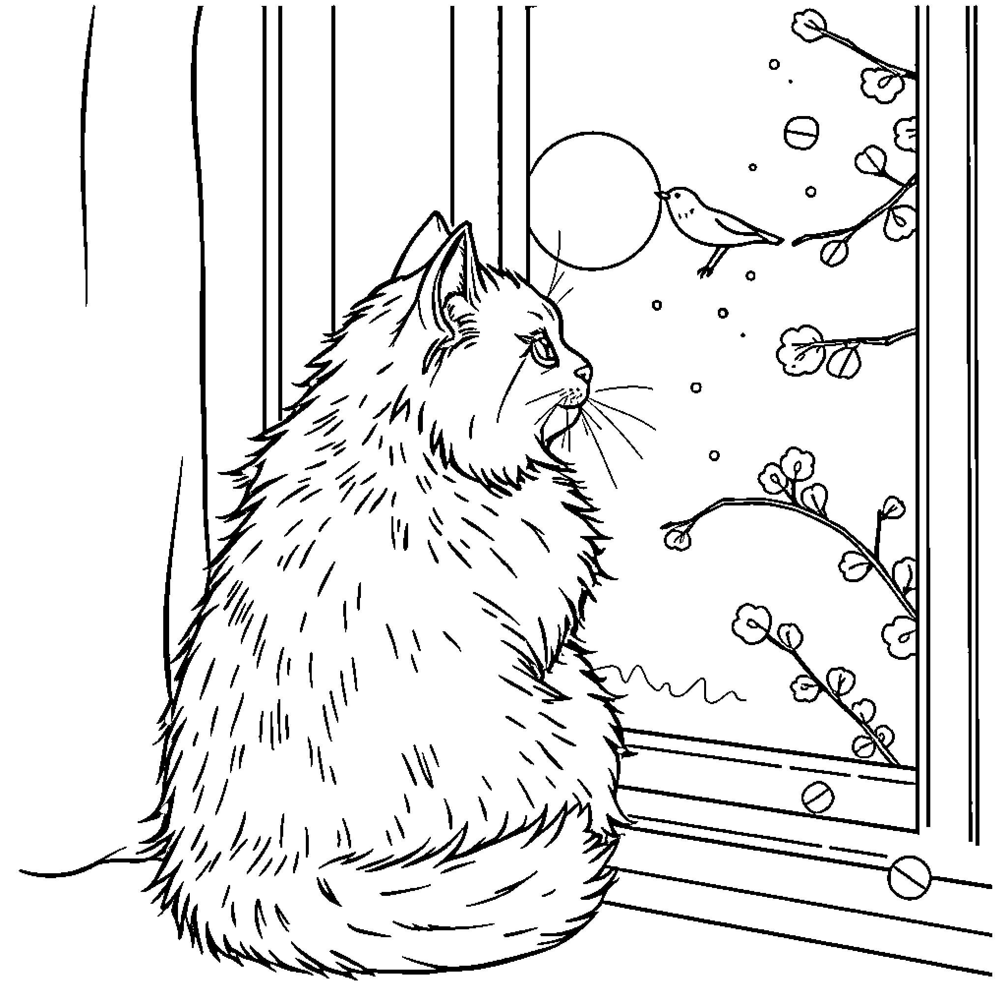 Cat gazing through window at blooming flowers Coloring Page (free black-and-white line drawing printable PDF for all, from beginners to advanced learners, including children, teens, adults, and seniors)