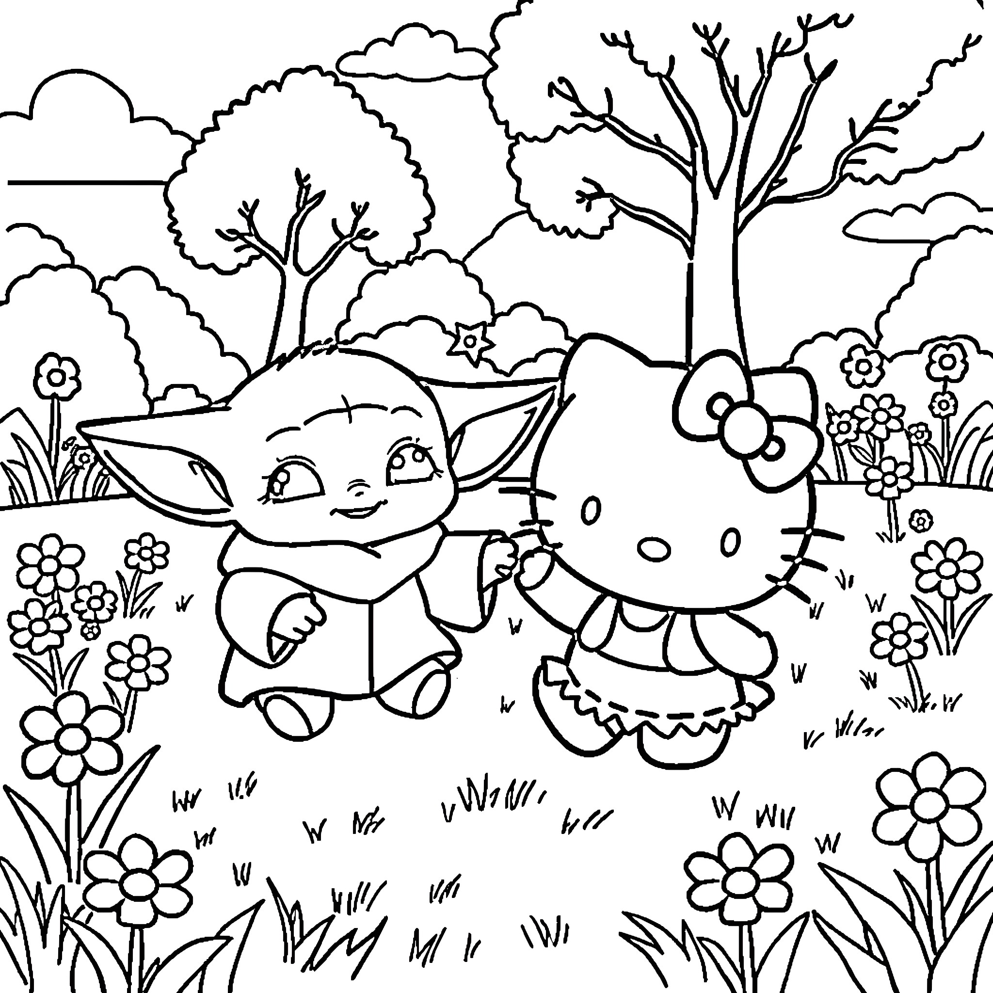 Yoda and Hello Kitty enjoying the forest scene Coloring Page (free black-and-white line drawing printable PDF for all, from beginners to advanced learners, including children, teens, adults, and seniors)