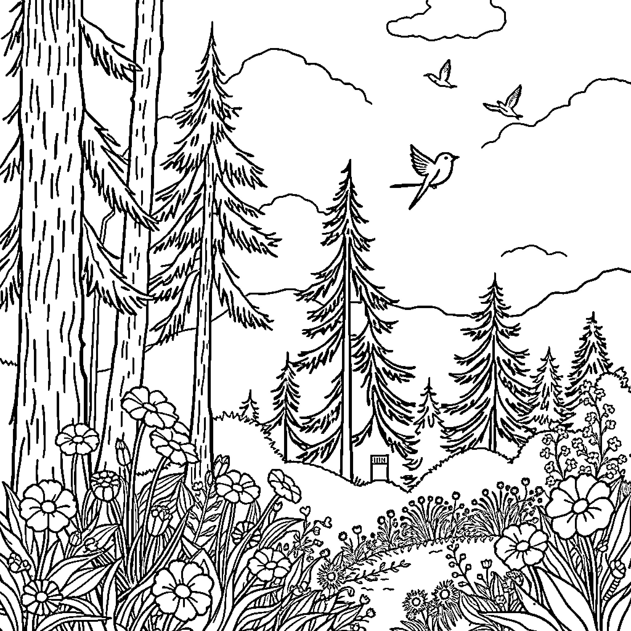 Nature's Serene Wilderness Sanctuary Coloring Page (free black-and-white line drawing printable PDF for all, from beginners to advanced learners, including children, teens, adults, and seniors)