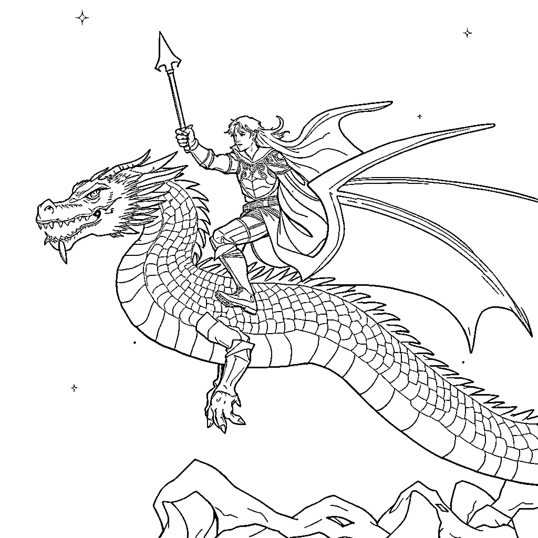 Knight riding a mighty dragon Coloring Page (free black-and-white line drawing printable PDF for all, from beginners to advanced learners, including children, teens, adults, and seniors)