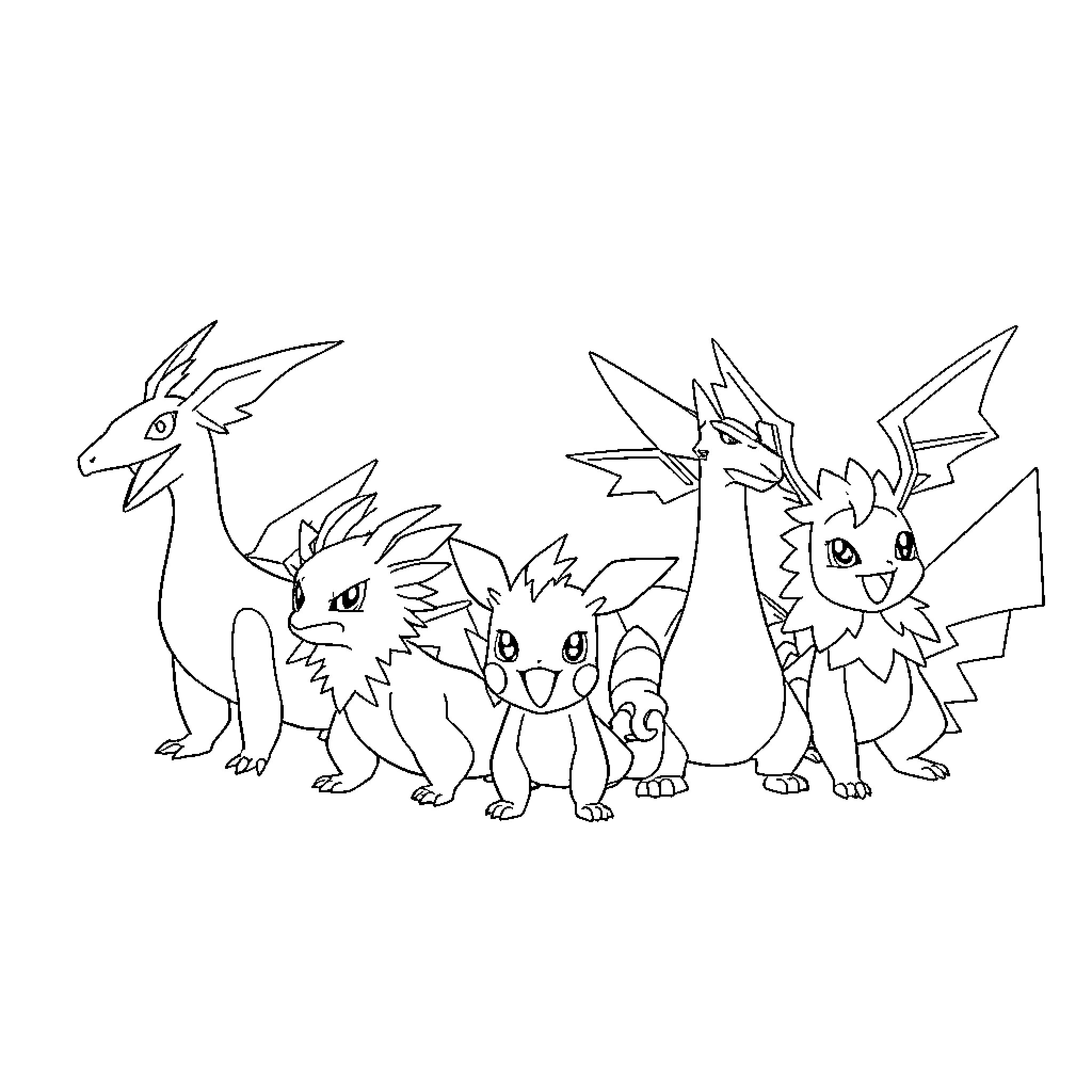 Pokémon characters in various poses and expressions Coloring Page (free black-and-white line drawing printable PDF for all, from beginners to advanced learners, including children, teens, adults, and seniors)
