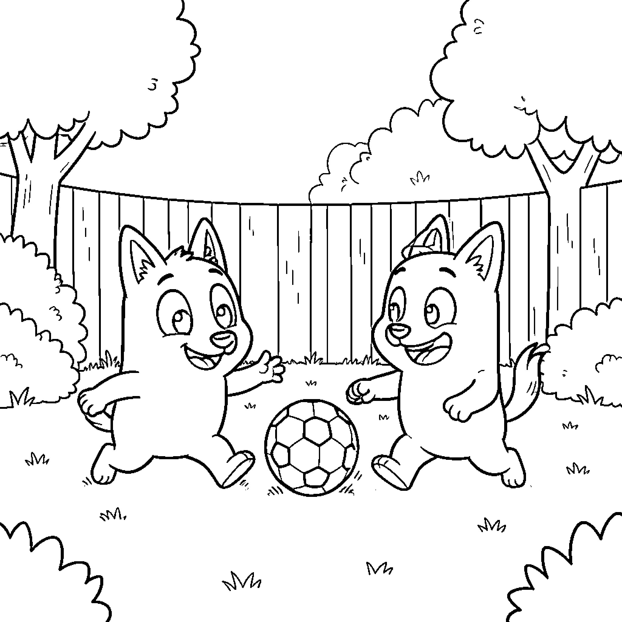 Bluey and friends playing with a soccer ball in the park Coloring Page (free black-and-white line drawing printable PDF for all, from beginners to advanced learners, including children, teens, adults, and seniors)