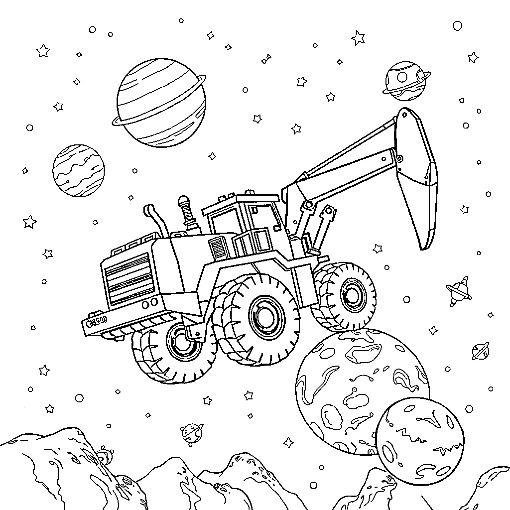 Construction Equipment Exploring Outer Space Coloring Page (free black-and-white line drawing printable PDF for all, from beginners to advanced learners, including children, teens, adults, and seniors)