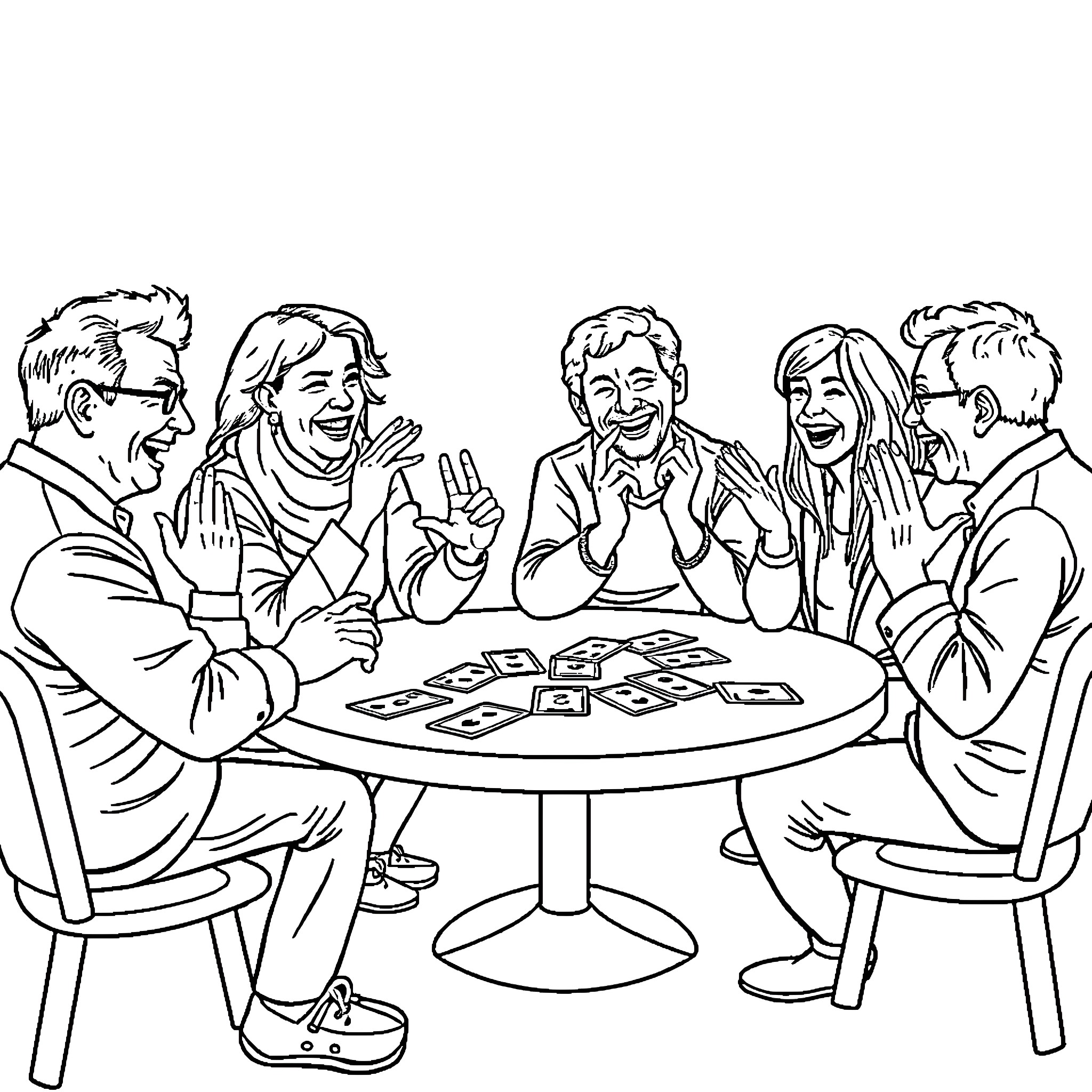 Uno: Friendly gathering around the game table Coloring Page (free black-and-white line drawing printable PDF for all, from beginners to advanced learners, including children, teens, adults, and seniors)