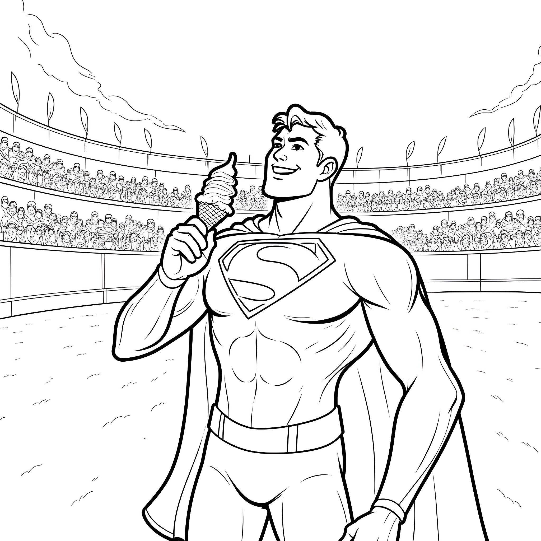 Superman triumphantly posing in the stadium Coloring Page (free black-and-white line drawing printable PDF for all, from beginners to advanced learners, including children, teens, adults, and seniors)