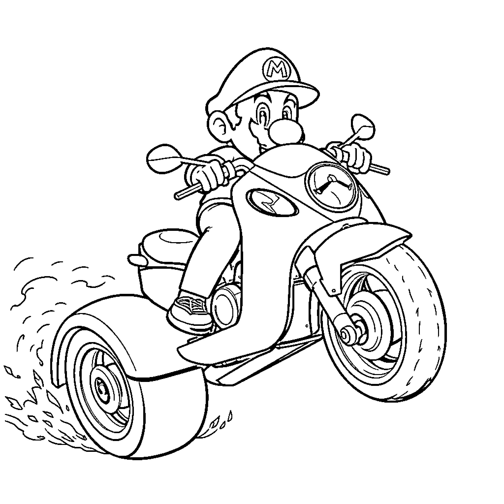Mario riding a scooter with enthusiasm Coloring Page (free black-and-white line drawing printable PDF for all, from beginners to advanced learners, including children, teens, adults, and seniors)