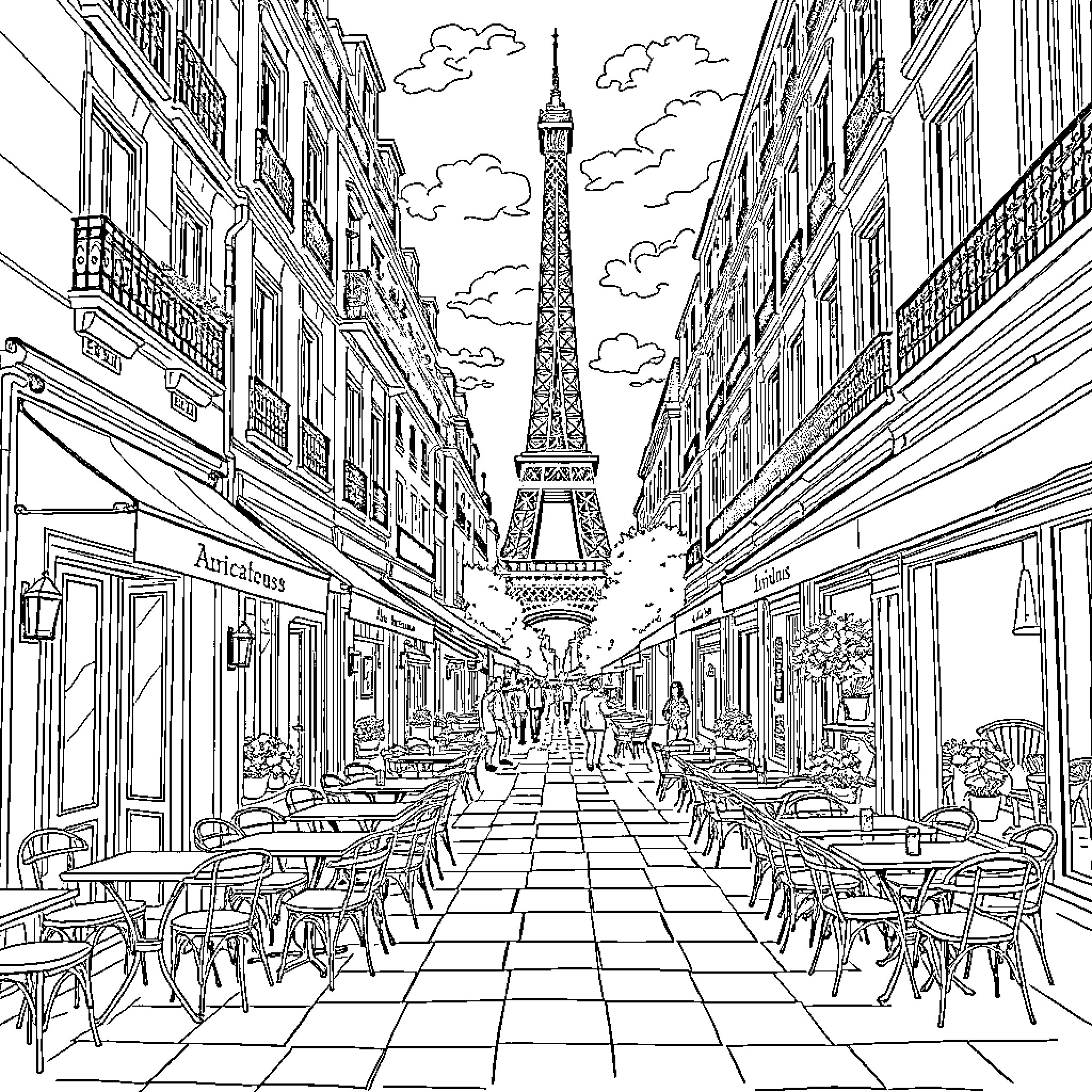 Paris Streetscape with Iconic Eiffel Tower Coloring Page (free black-and-white line drawing printable PDF for all, from beginners to advanced learners, including children, teens, adults, and seniors)