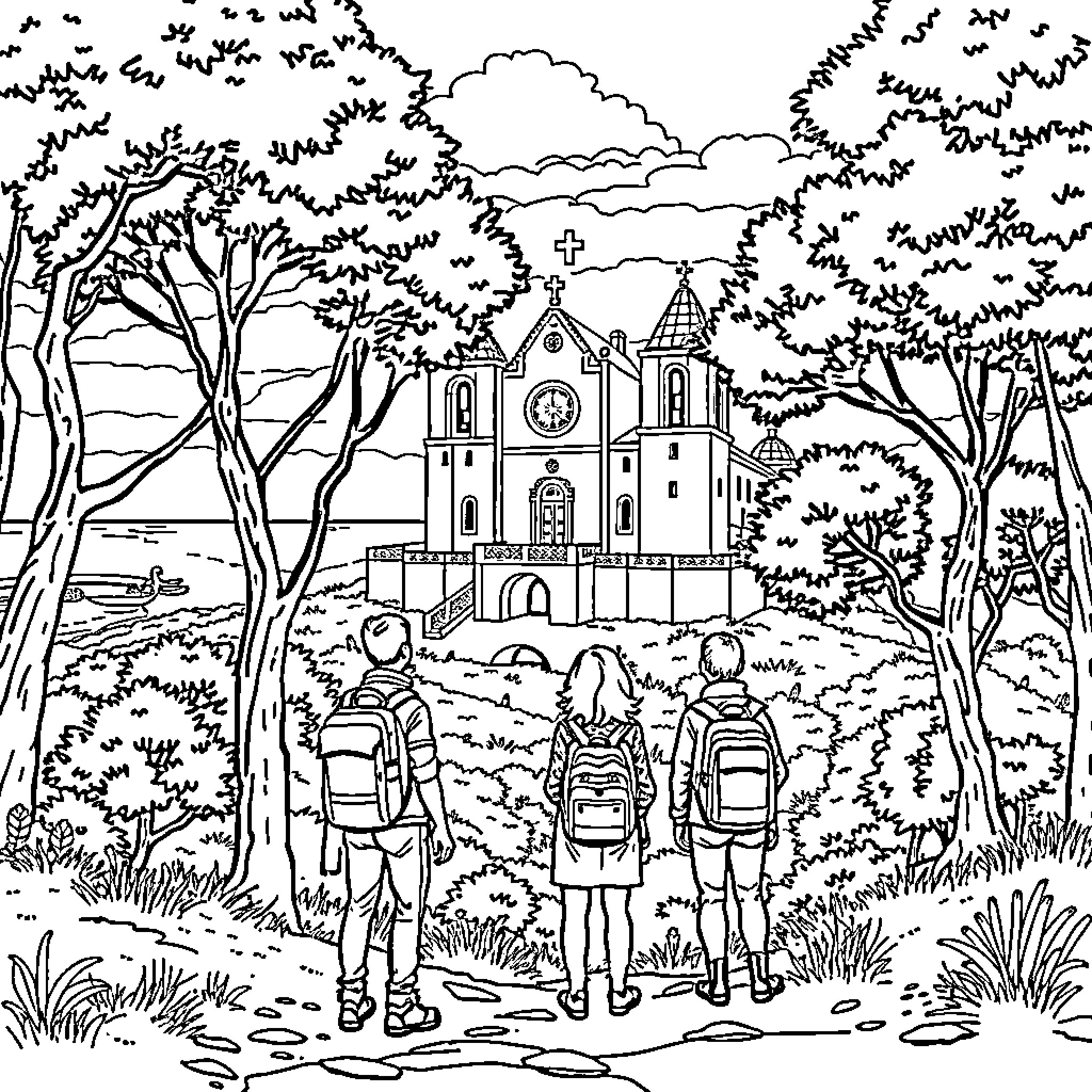 Turma da Monica Exploring a Scenic Countryside Church Coloring Page (free black-and-white line drawing printable PDF for all, from beginners to advanced learners, including children, teens, adults, and seniors)