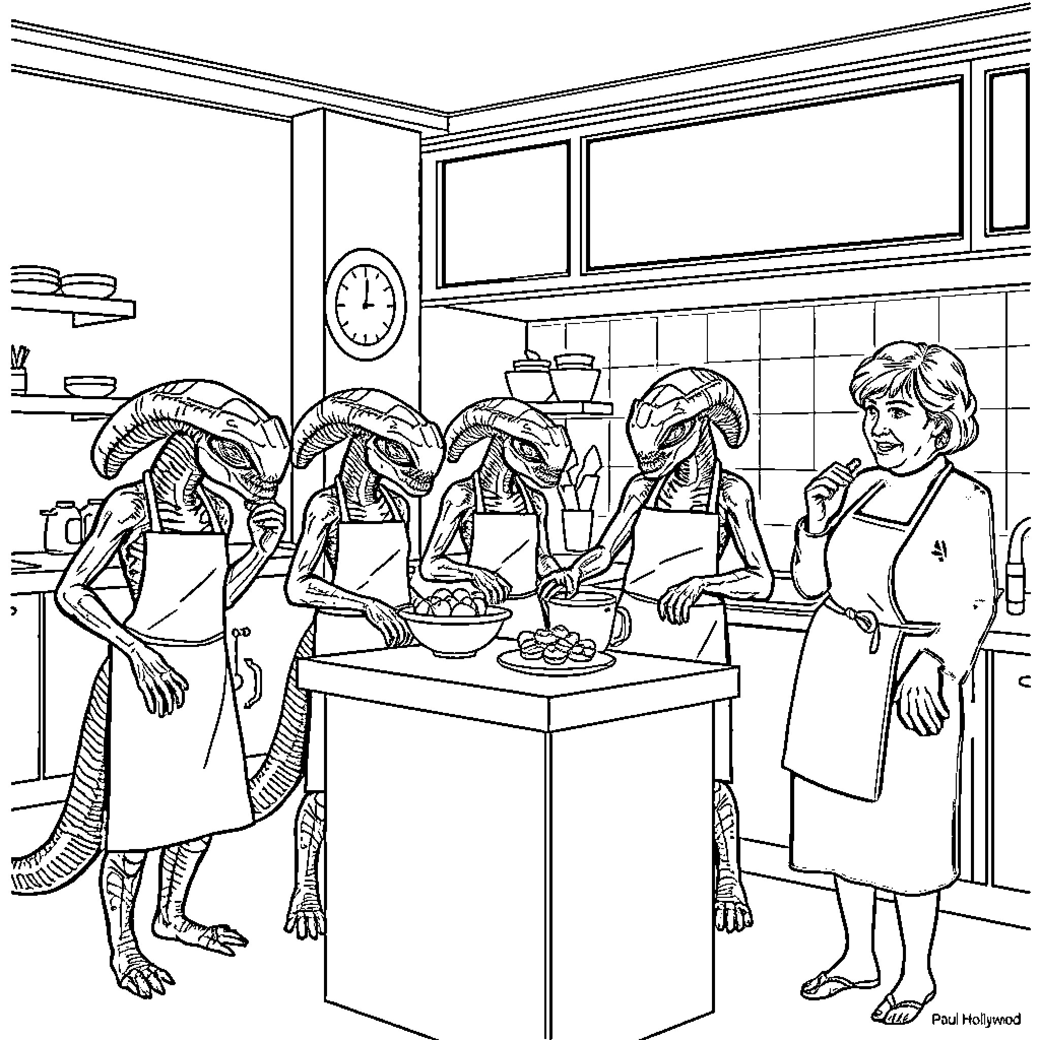 Xenomorph aliens cooking in a kitchen with a human Coloring Page (free black-and-white line drawing printable PDF for all, from beginners to advanced learners, including children, teens, adults, and seniors)