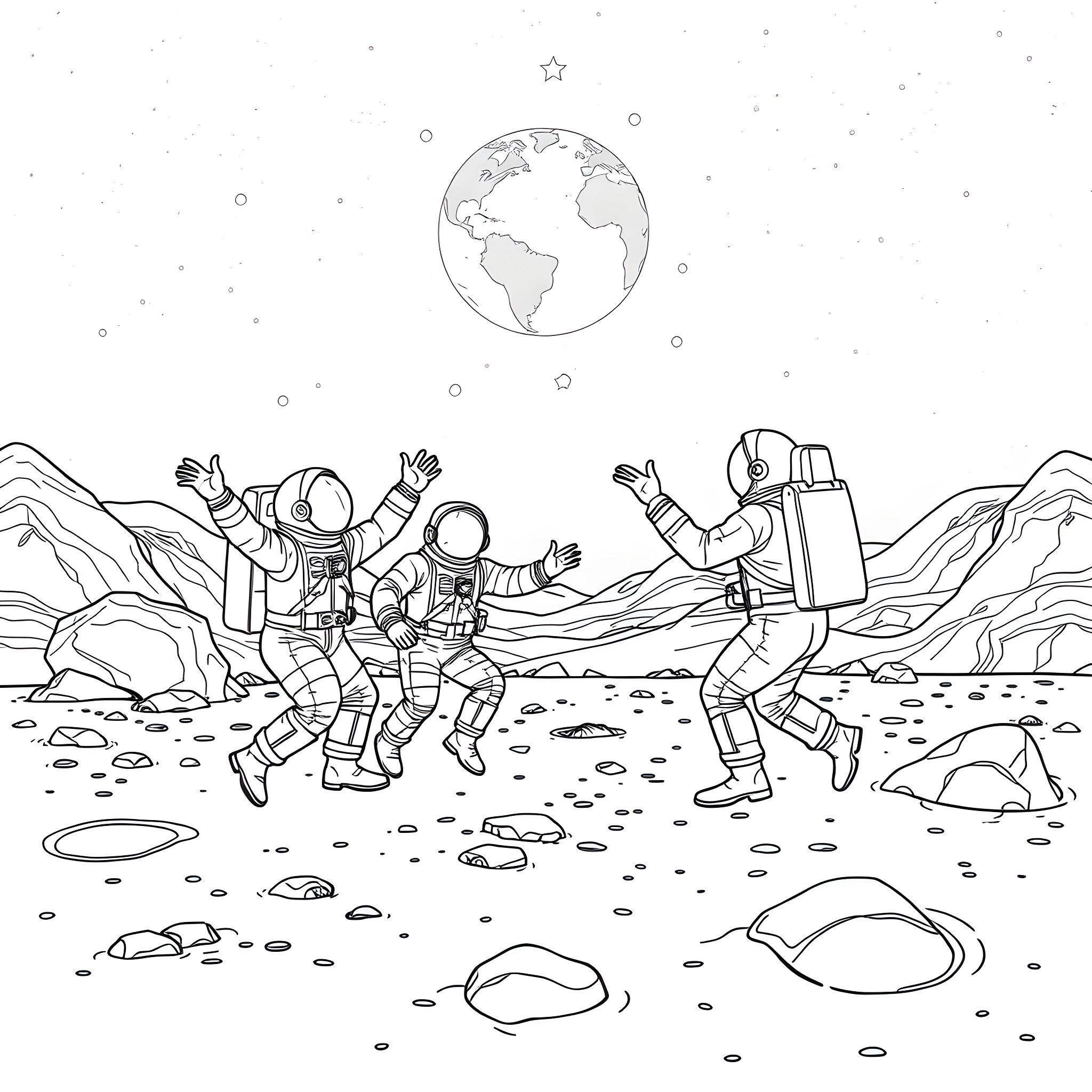 Worker astronauts exploring the alien landscape Coloring Page (free black-and-white line drawing printable PDF for all, from beginners to advanced learners, including children, teens, adults, and seniors)