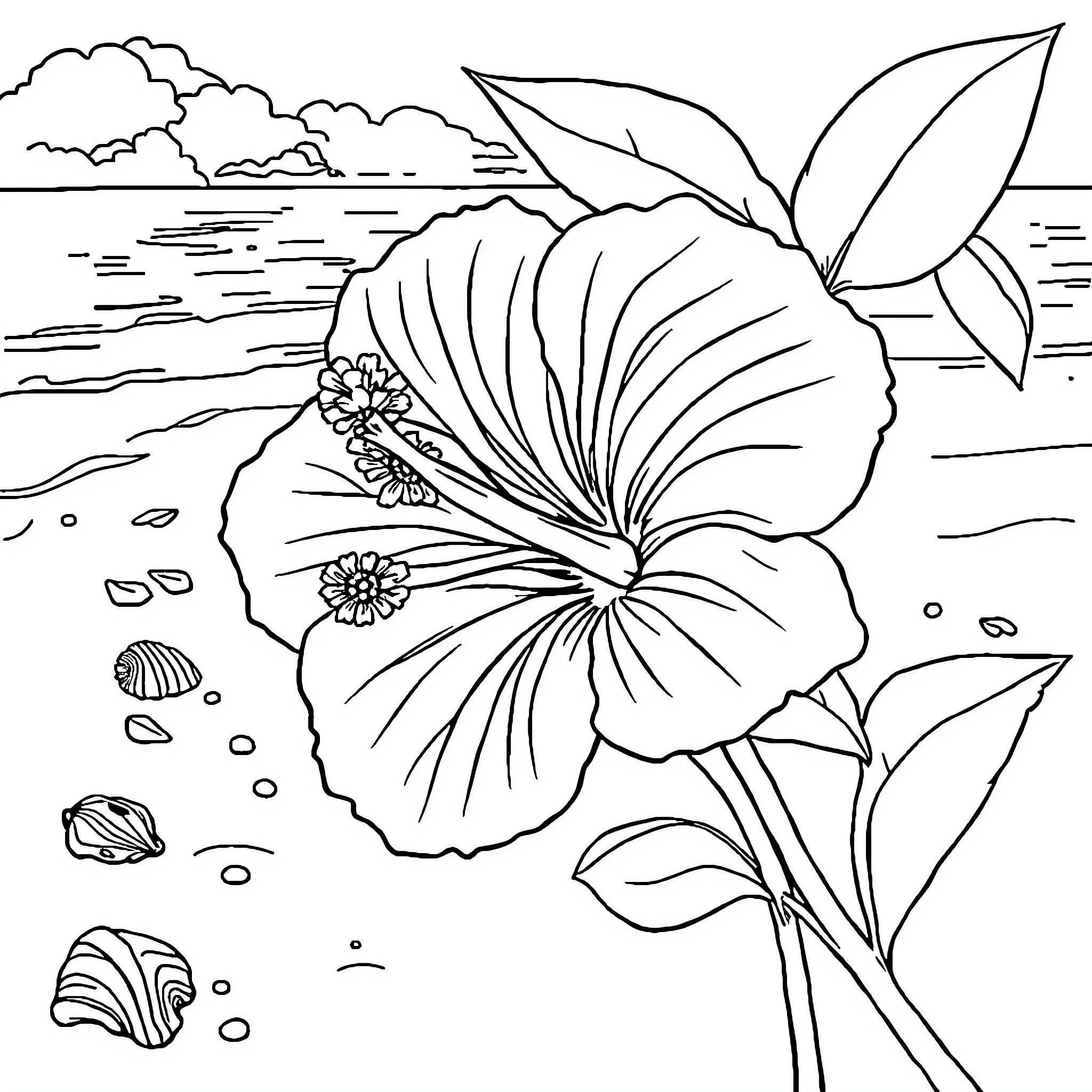 Hibiscus Flower Blossoming by the Seashore Coloring Page (free black-and-white line drawing printable PDF for all, from beginners to advanced learners, including children, teens, adults, and seniors)