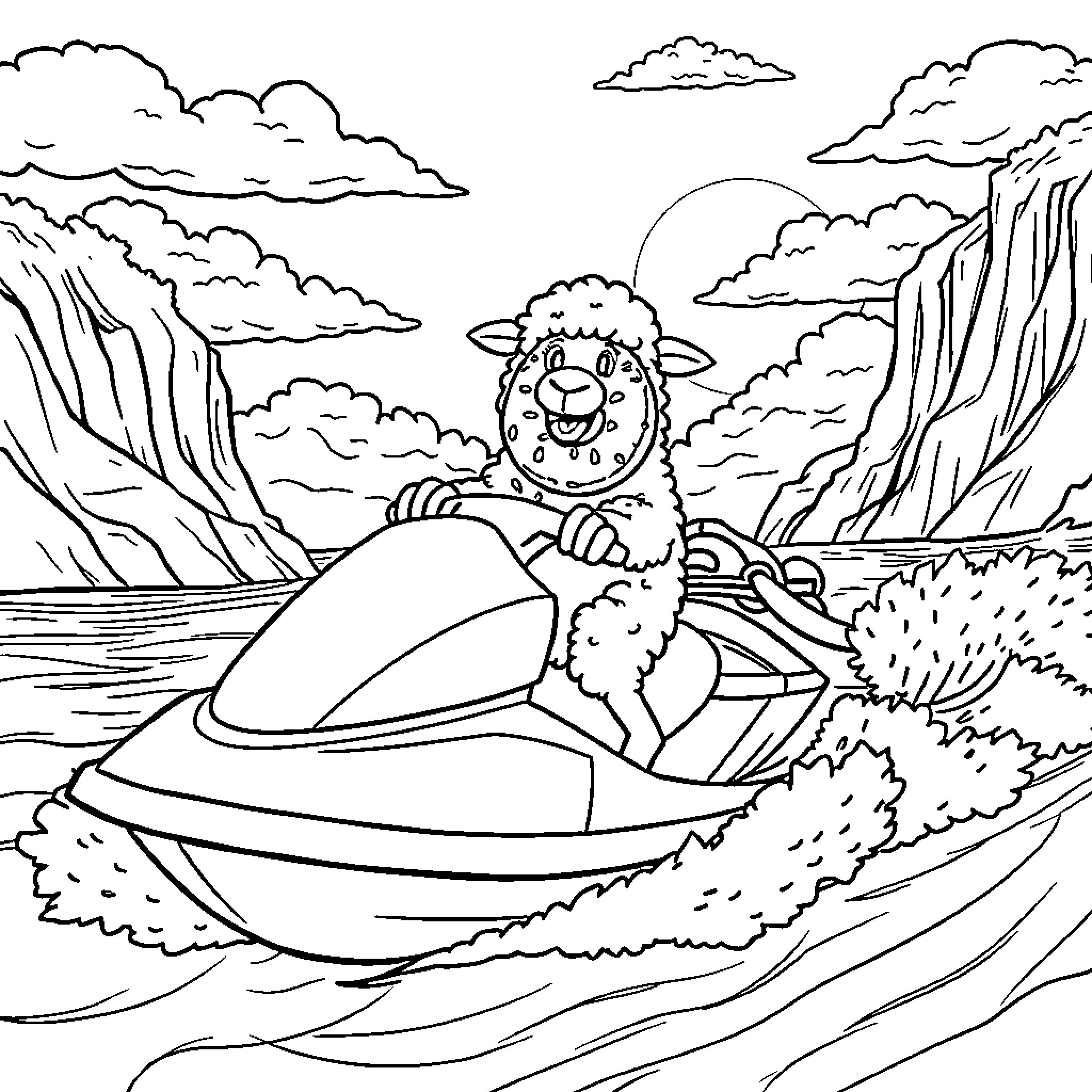 Sheep surfing on waves in a scenic landscape Coloring Page (free black-and-white line drawing printable PDF for all, from beginners to advanced learners, including children, teens, adults, and seniors)