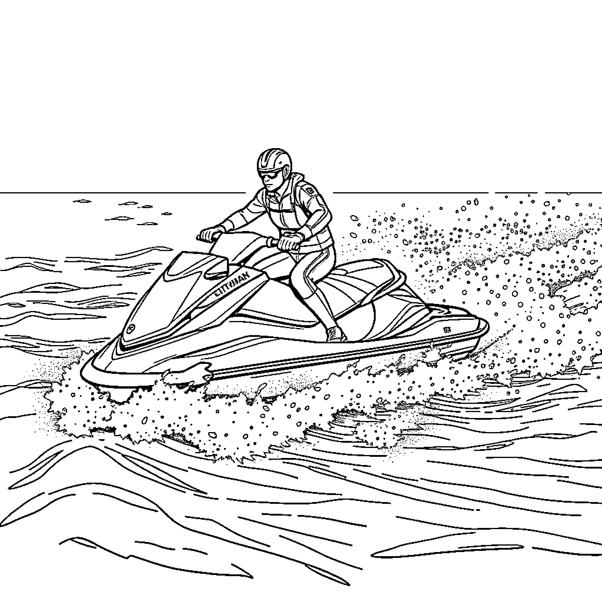 Hitman riding a jet ski across the waves Coloring Page (free black-and-white line drawing printable PDF for all, from beginners to advanced learners, including children, teens, adults, and seniors)