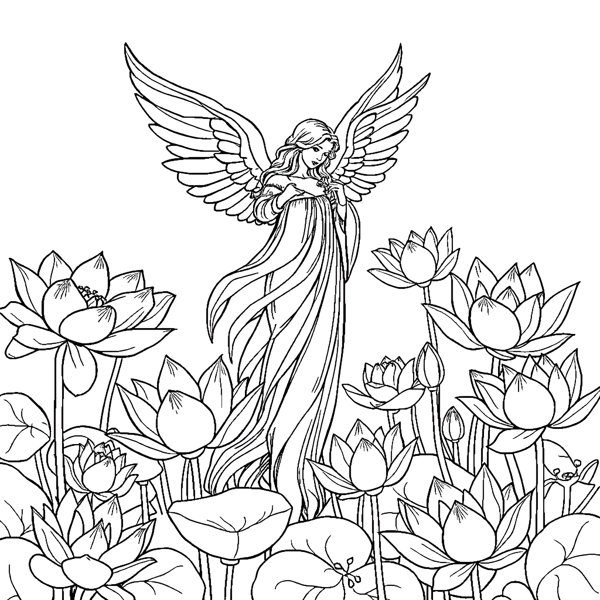 Angel of Mercy Amid Lotus Blossoms Coloring Page (free black-and-white line drawing printable PDF for all, from beginners to advanced learners, including children, teens, adults, and seniors)