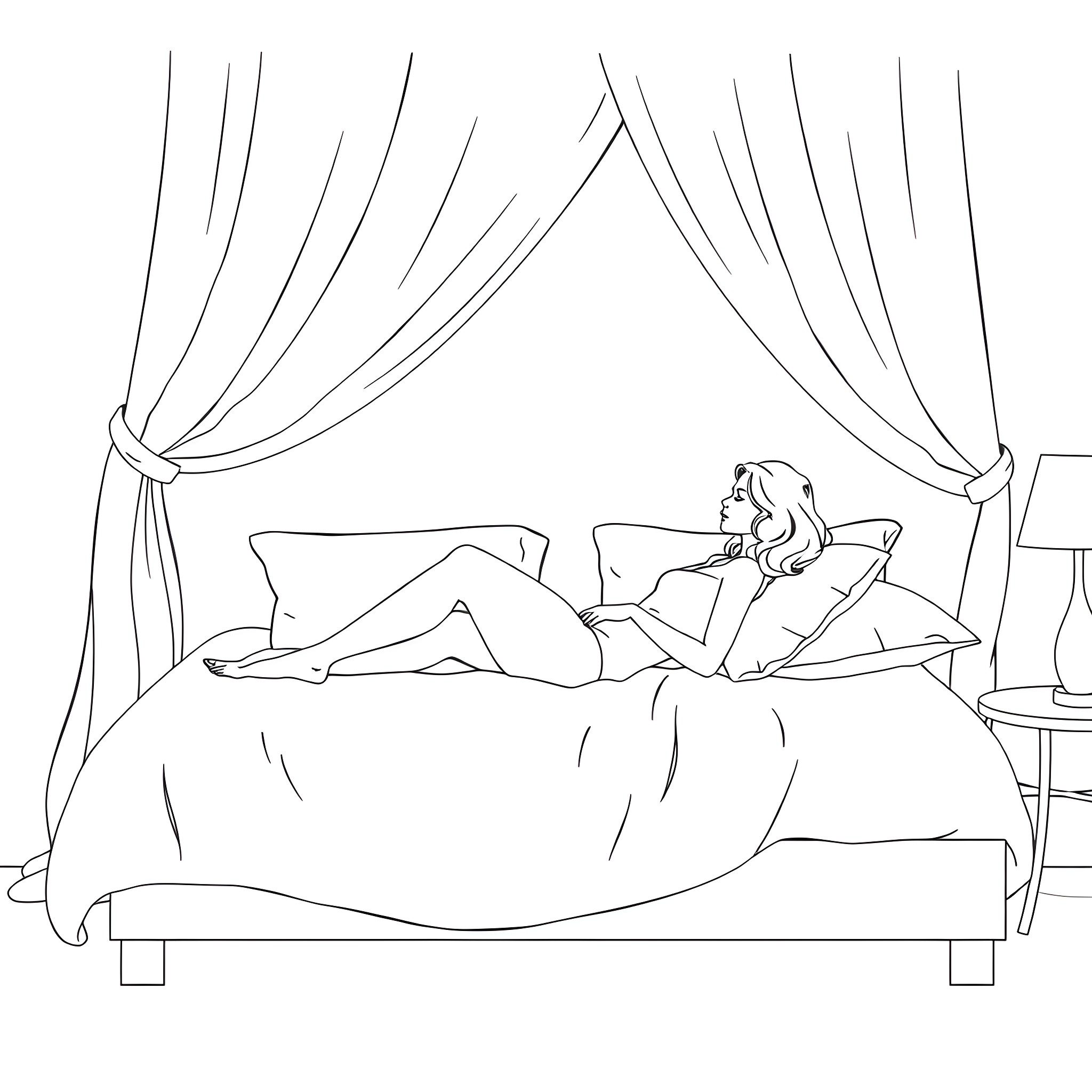 Woman relaxing on the bed in her bedroom Coloring Page (free black-and-white line drawing printable PDF for all, from beginners to advanced learners, including children, teens, adults, and seniors)