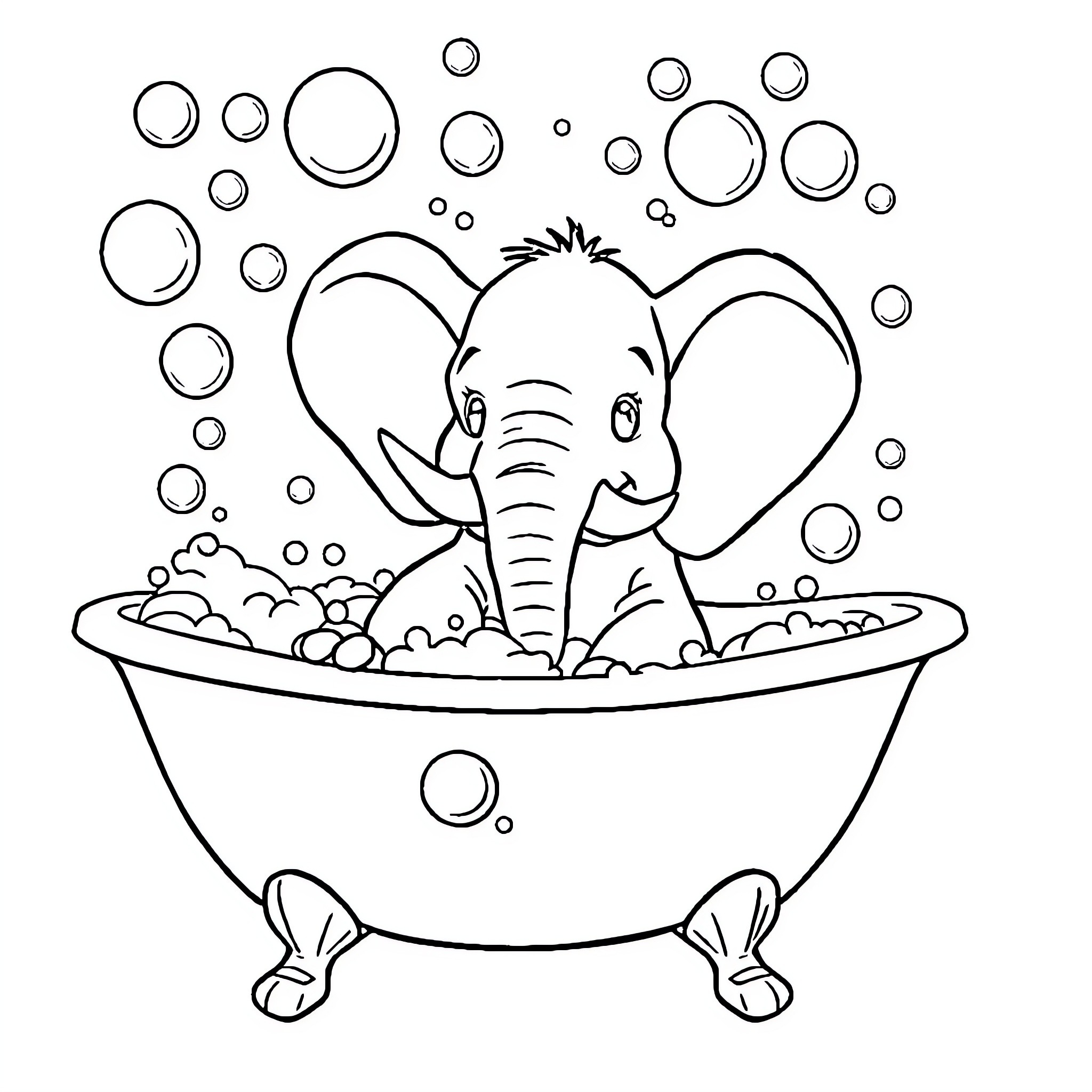 Elephant enjoying a bubble bath Coloring Page (free black-and-white line drawing printable PDF for all, from beginners to advanced learners, including children, teens, adults, and seniors)