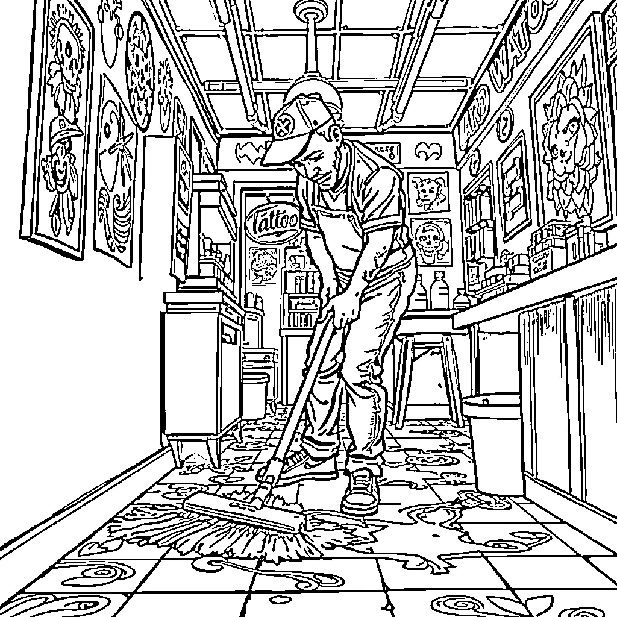 Tattoo Apprentice Practicing Intricate Designs in Studio Coloring Page (free black-and-white line drawing printable PDF for all, from beginners to advanced learners, including children, teens, adults, and seniors)