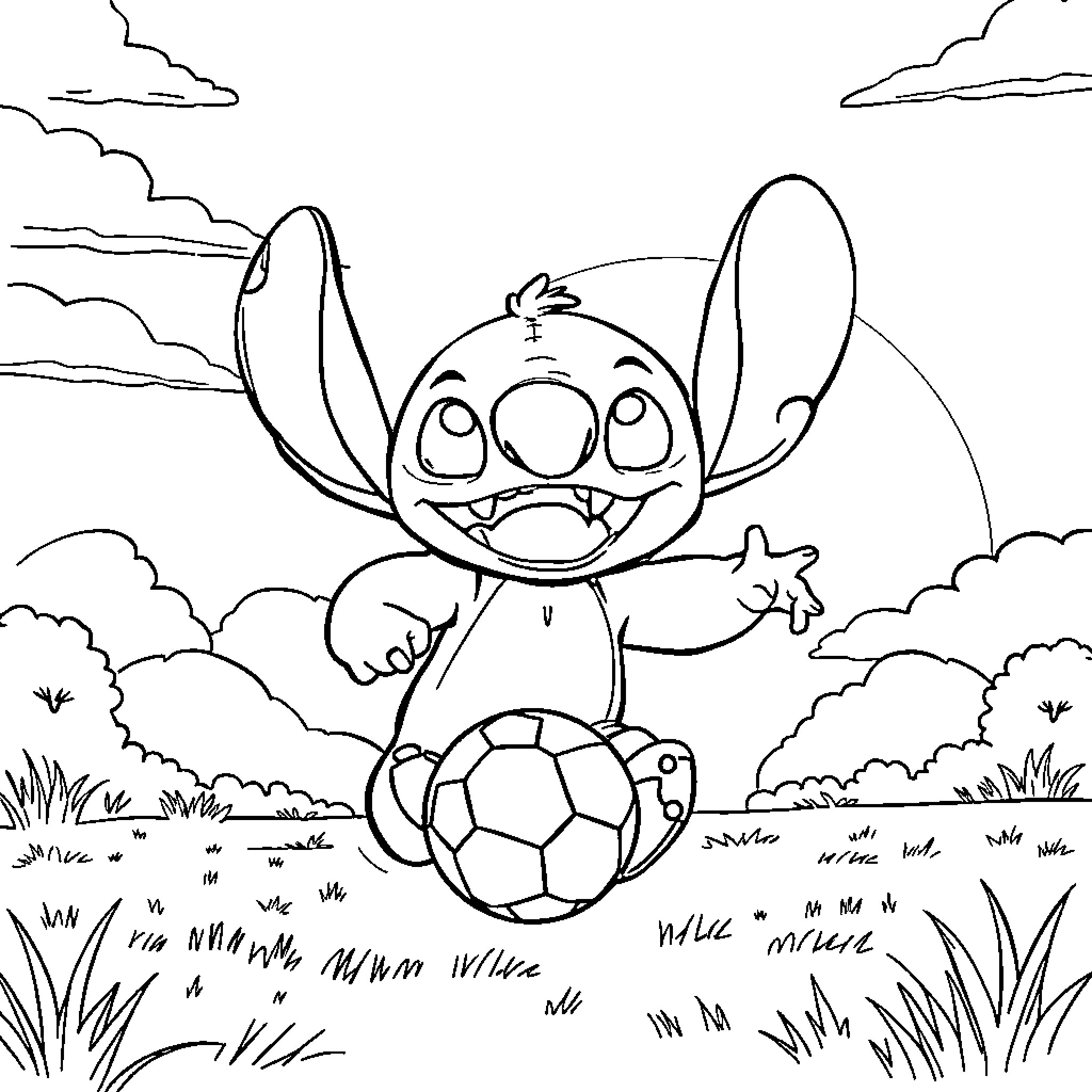 Stitch playing joyfully with a soccer ball in the countryside Coloring Page (free black-and-white line drawing printable PDF for all, from beginners to advanced learners, including children, teens, adults, and seniors)