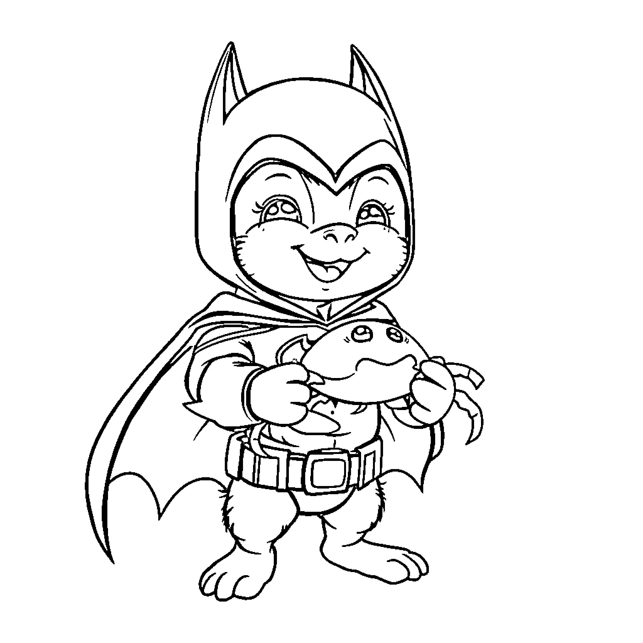 Silly Bat Character Holding Toy Coloring Page (free black-and-white line drawing printable PDF for all, from beginners to advanced learners, including children, teens, adults, and seniors)