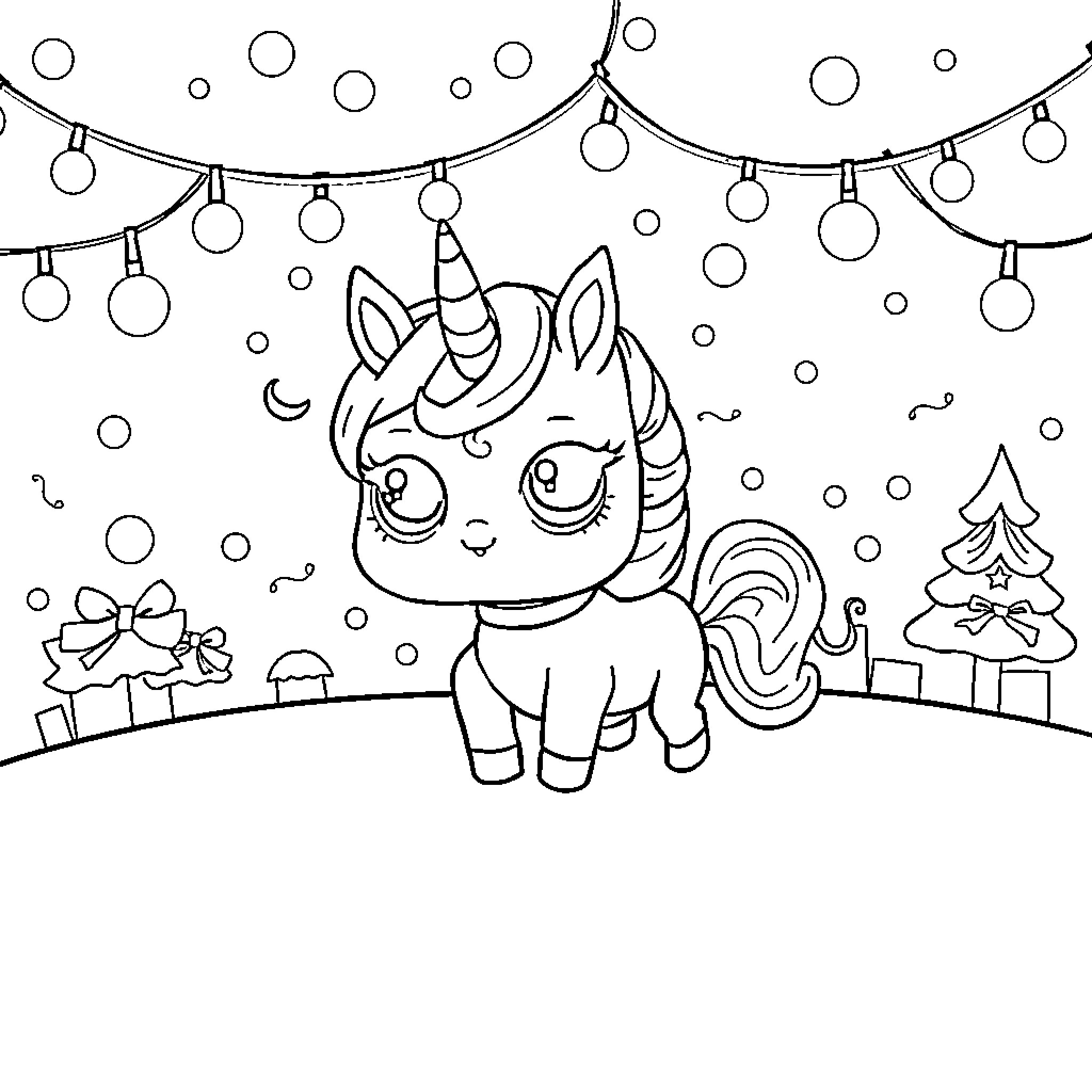 Doll Unicorn in Festive Winter Scene Coloring Page (free black-and-white line drawing printable PDF for all, from beginners to advanced learners, including children, teens, adults, and seniors)