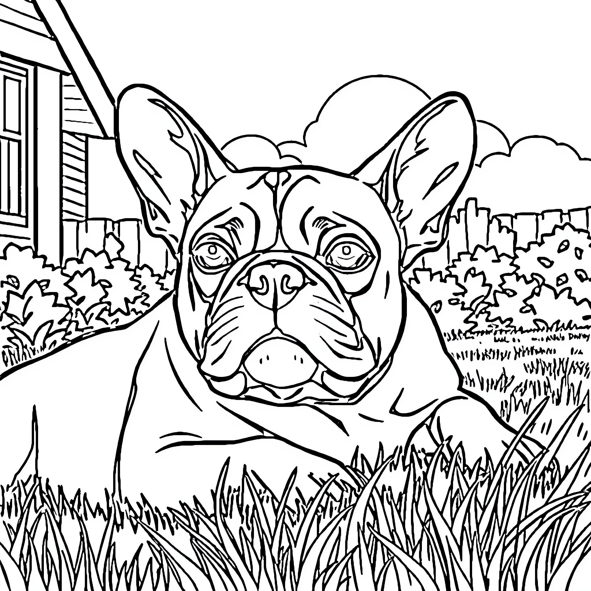 French Bulldog exploring the outdoor scene Coloring Page (free black-and-white line drawing printable PDF for all, from beginners to advanced learners, including children, teens, adults, and seniors)