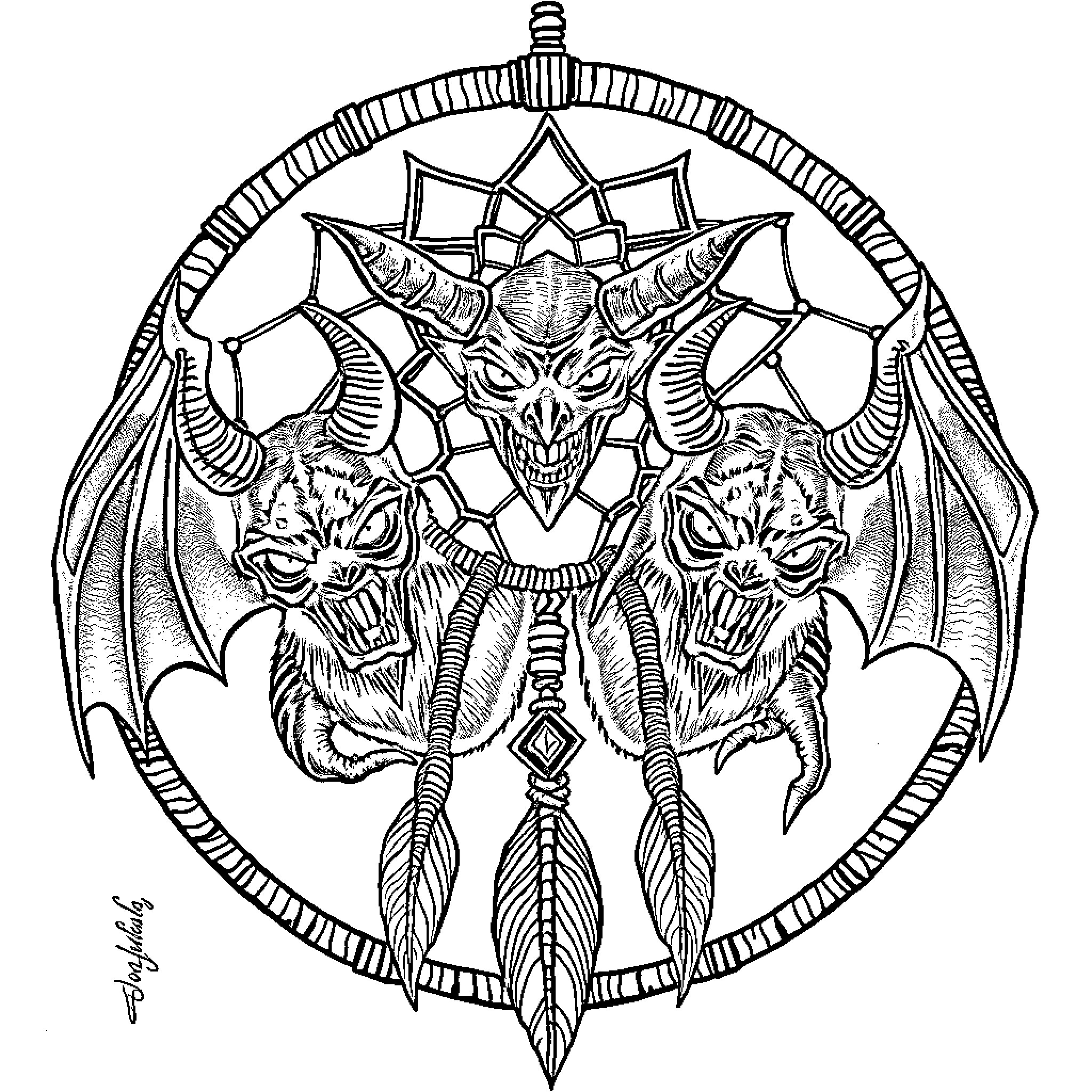 Demon Dreamcatcher with Intimidating Creatures Coloring Page (free black-and-white line drawing printable PDF for all, from beginners to advanced learners, including children, teens, adults, and seniors)
