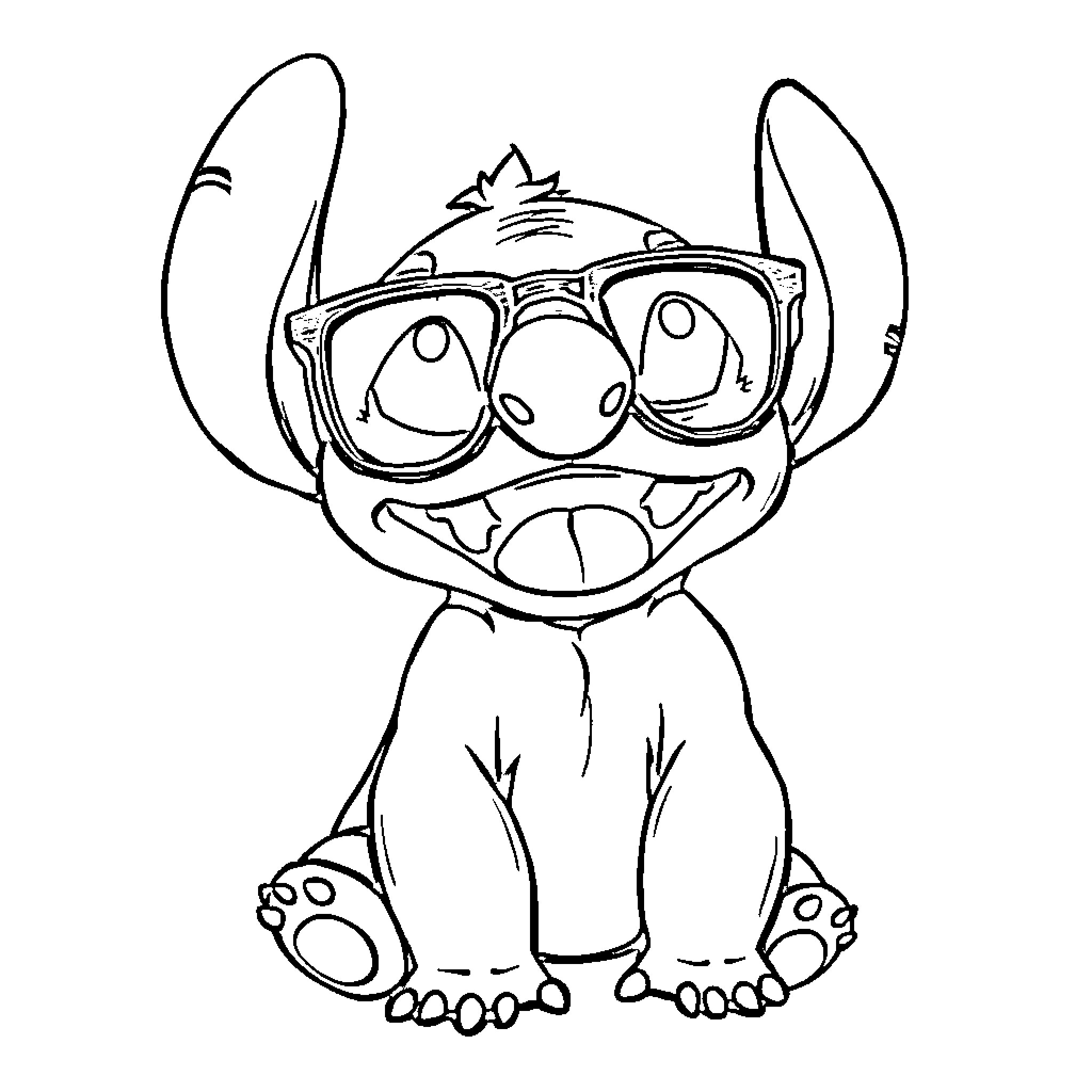 Stitch wearing goofy glasses and smiling Coloring Page (free black-and-white line drawing printable PDF for all, from beginners to advanced learners, including children, teens, adults, and seniors)