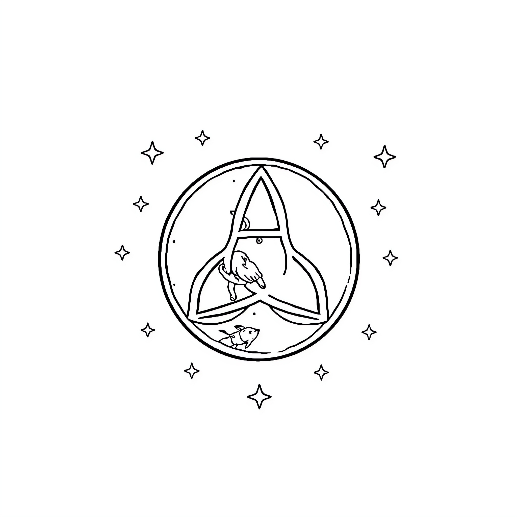 Triple Moon Spiritual Emblem with Stars Coloring Page (free black-and-white line drawing printable PDF for all, from beginners to advanced learners, including children, teens, adults, and seniors)