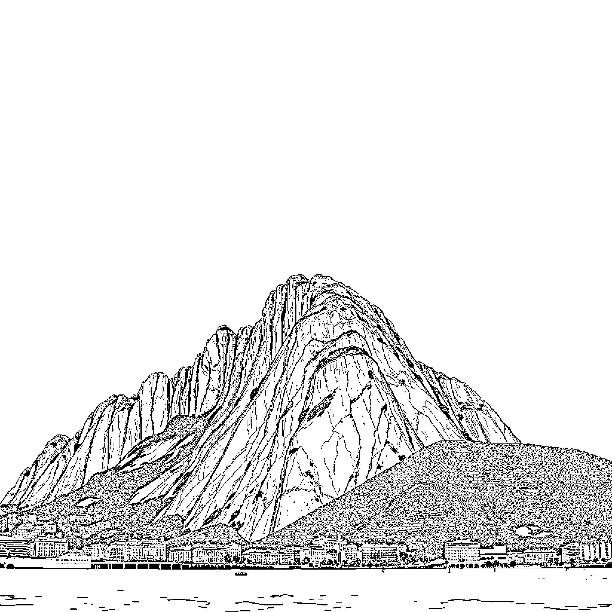 Rock formation towering over coastal town Coloring Page (free black-and-white line drawing printable PDF for all, from beginners to advanced learners, including children, teens, adults, and seniors)