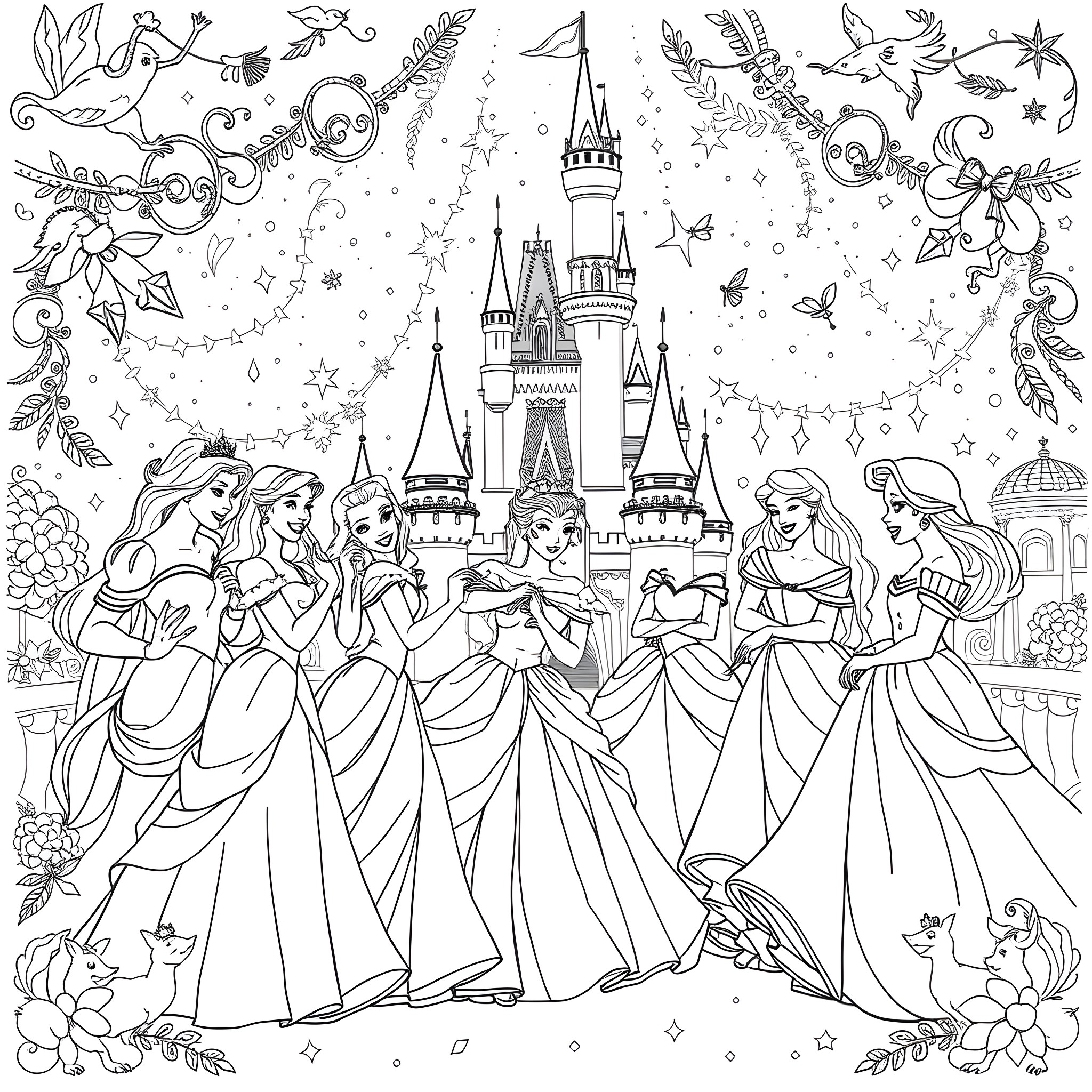 Princess Castle Dream with Elegant Dresses Coloring Page (free black-and-white line drawing printable PDF for all, from beginners to advanced learners, including children, teens, adults, and seniors)