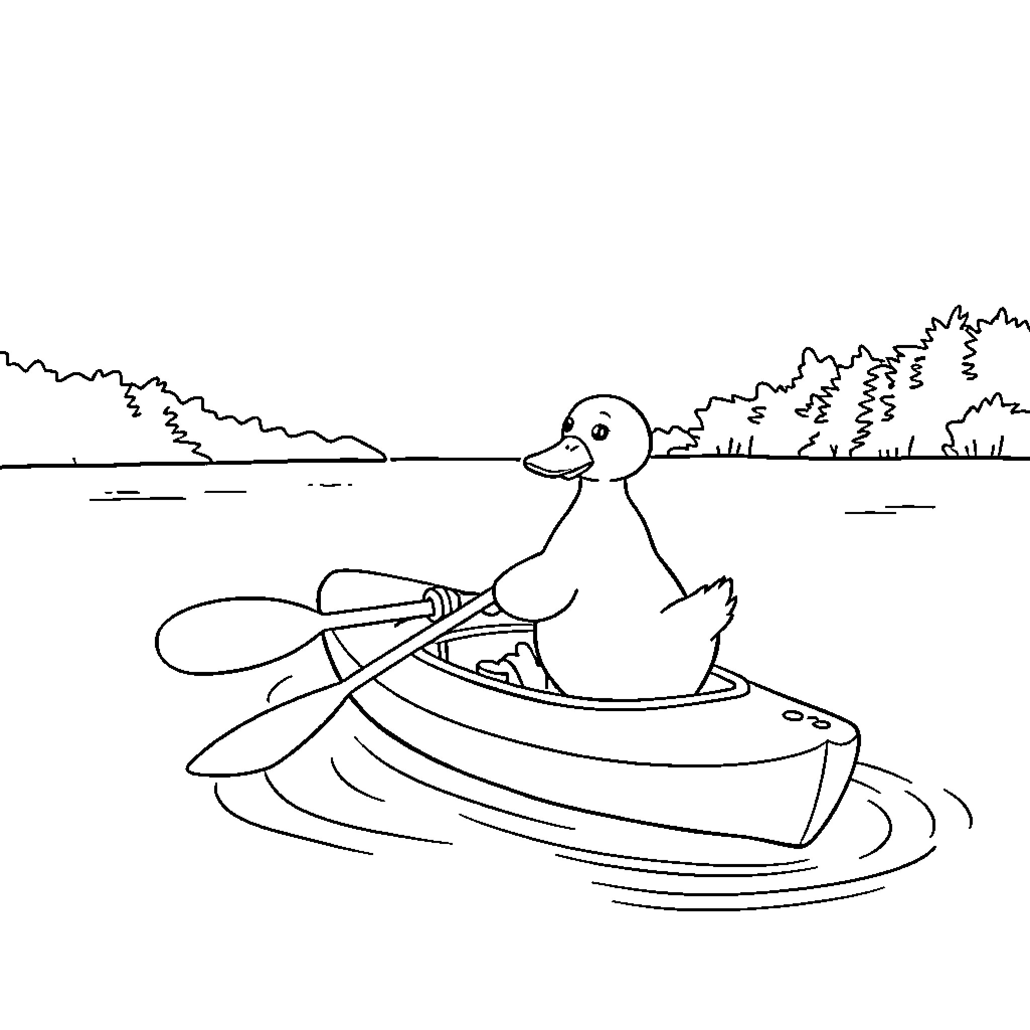 Duck rowing a boat on the lake Coloring Page (free black-and-white line drawing printable PDF for all, from beginners to advanced learners, including children, teens, adults, and seniors)