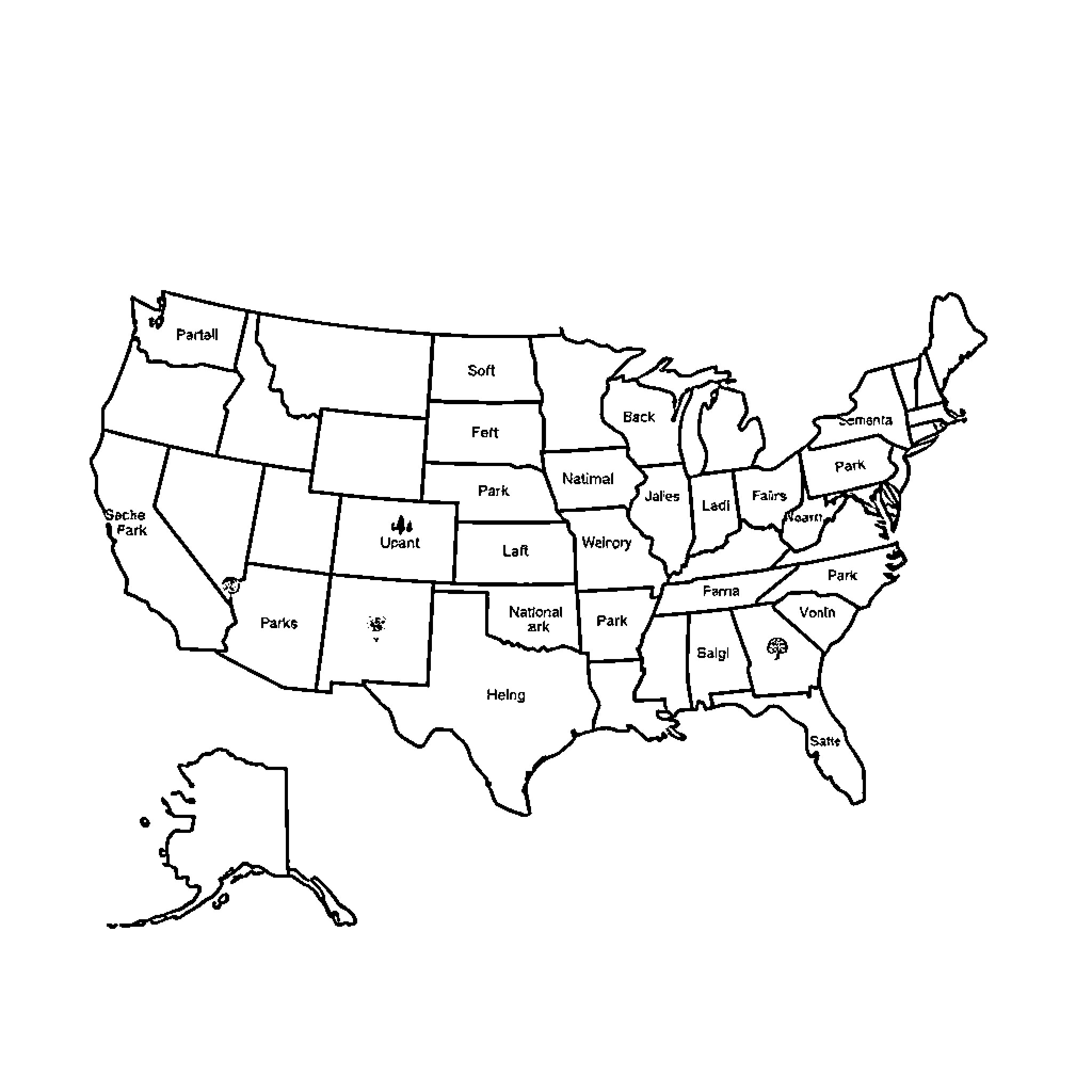 Map of the United States with state names Coloring Page (free black-and-white line drawing printable PDF for all, from beginners to advanced learners, including children, teens, adults, and seniors)