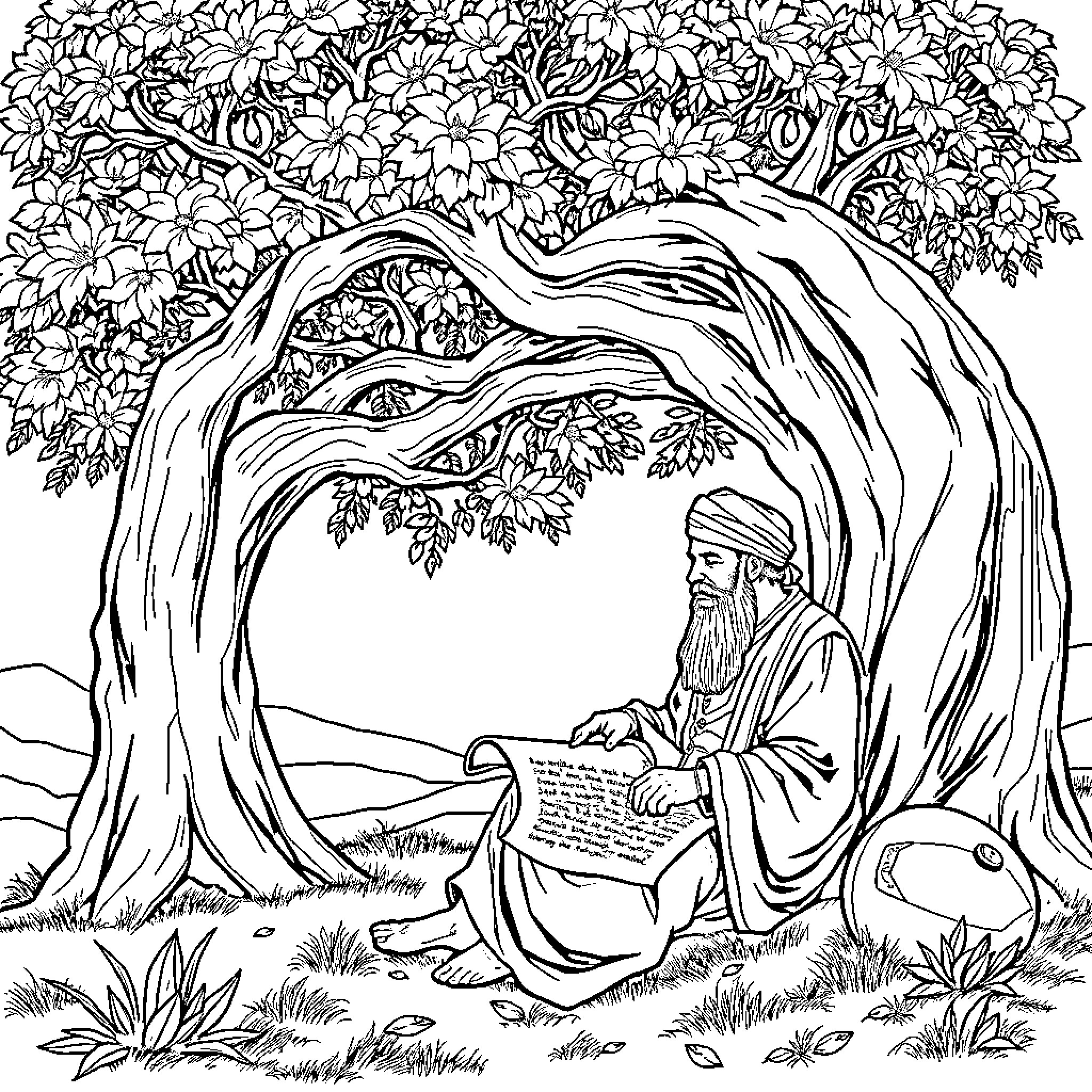 Rumi in contemplation under the shade of an ancient tree Coloring Page (free black-and-white line drawing printable PDF for all, from beginners to advanced learners, including children, teens, adults, and seniors)