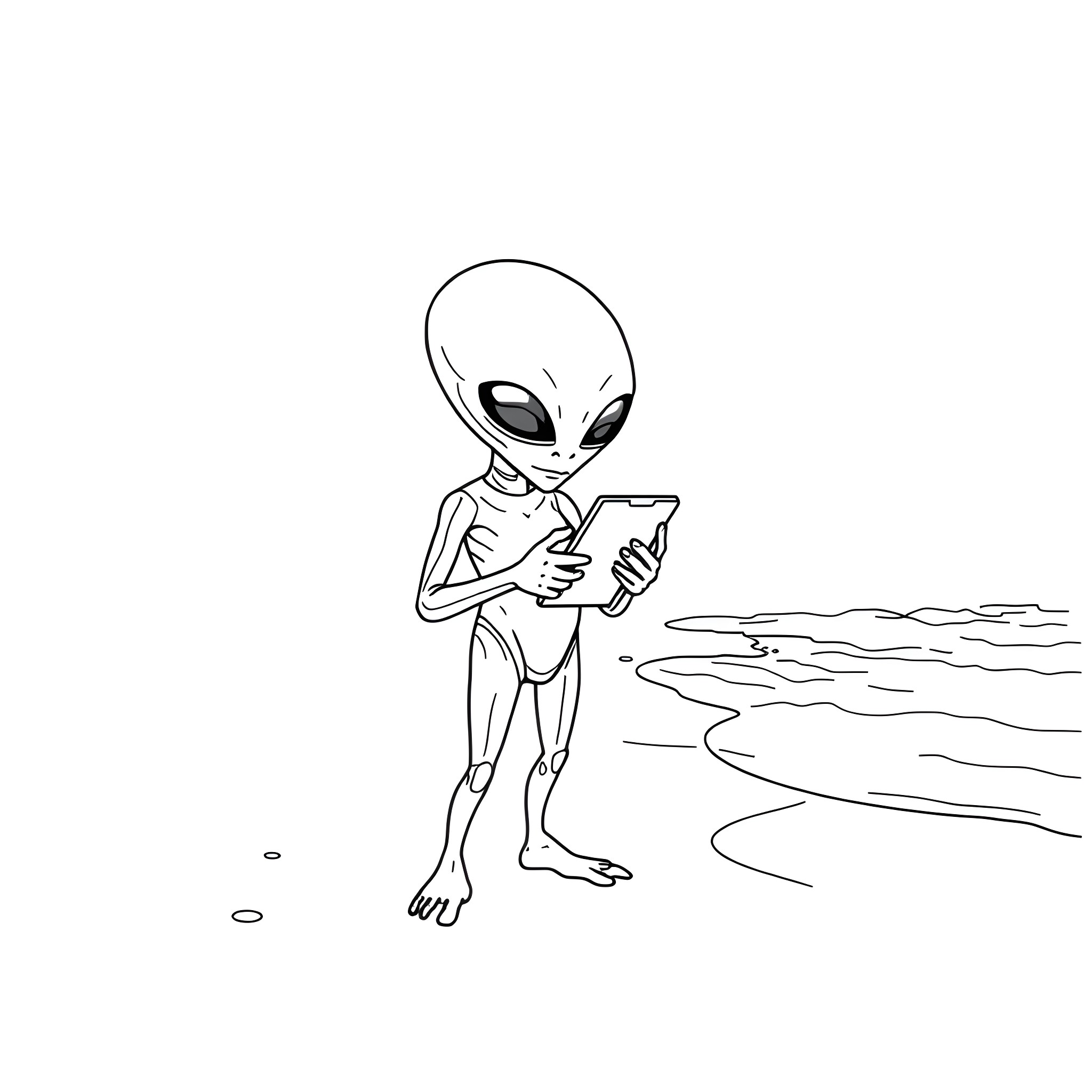 Alien uses futuristic device on a remote planet Coloring Page (free black-and-white line drawing printable PDF for all, from beginners to advanced learners, including children, teens, adults, and seniors)