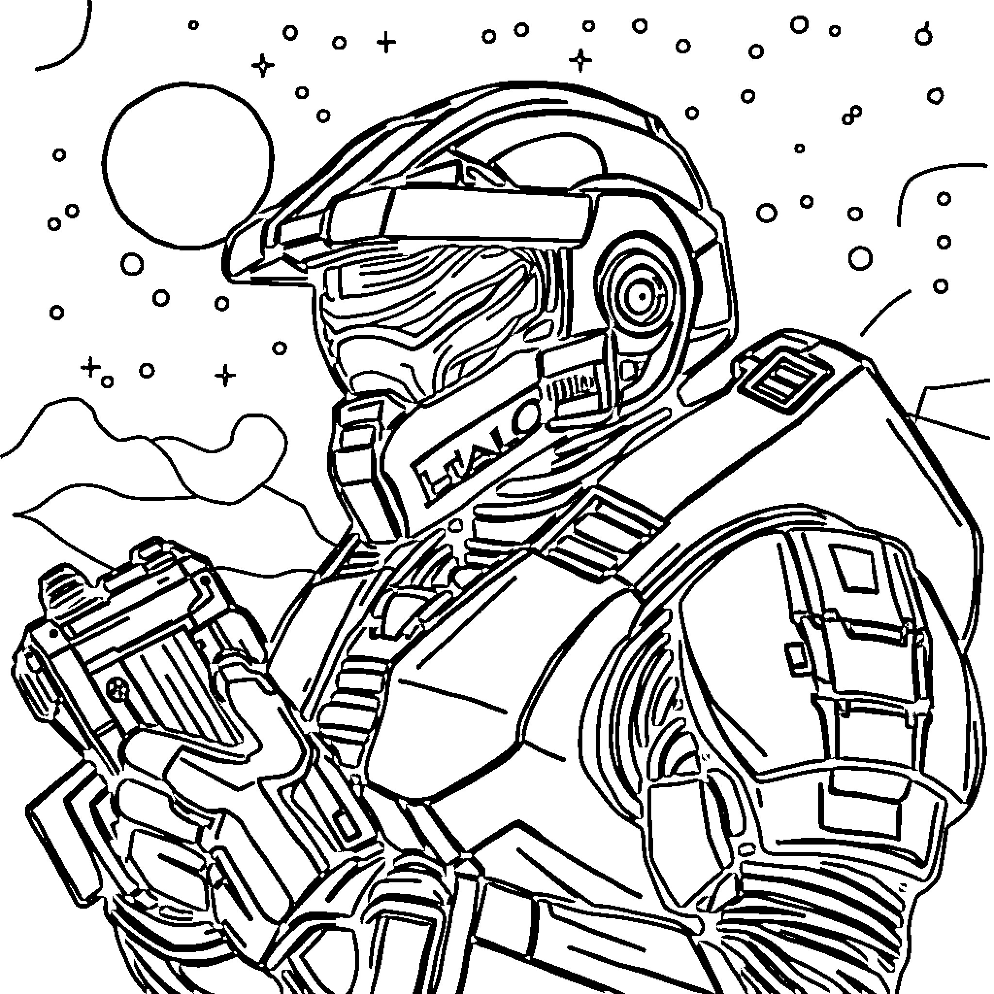 Halo Warrior in Space Exploration Coloring Page (free black-and-white line drawing printable PDF for all, from beginners to advanced learners, including children, teens, adults, and seniors)