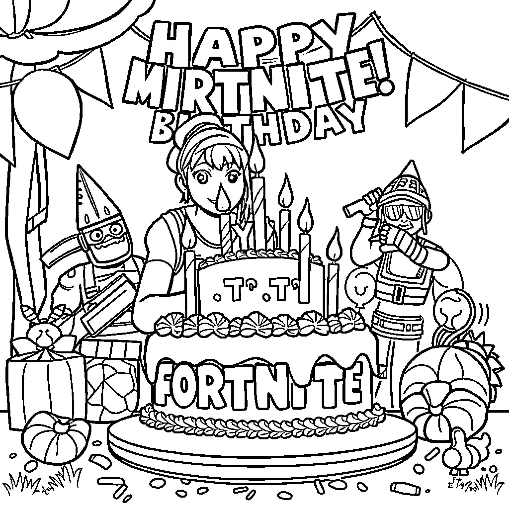 Fortnite birthday celebration with characters and decorations Coloring Page (free black-and-white line drawing printable PDF for all, from beginners to advanced learners, including children, teens, adults, and seniors)