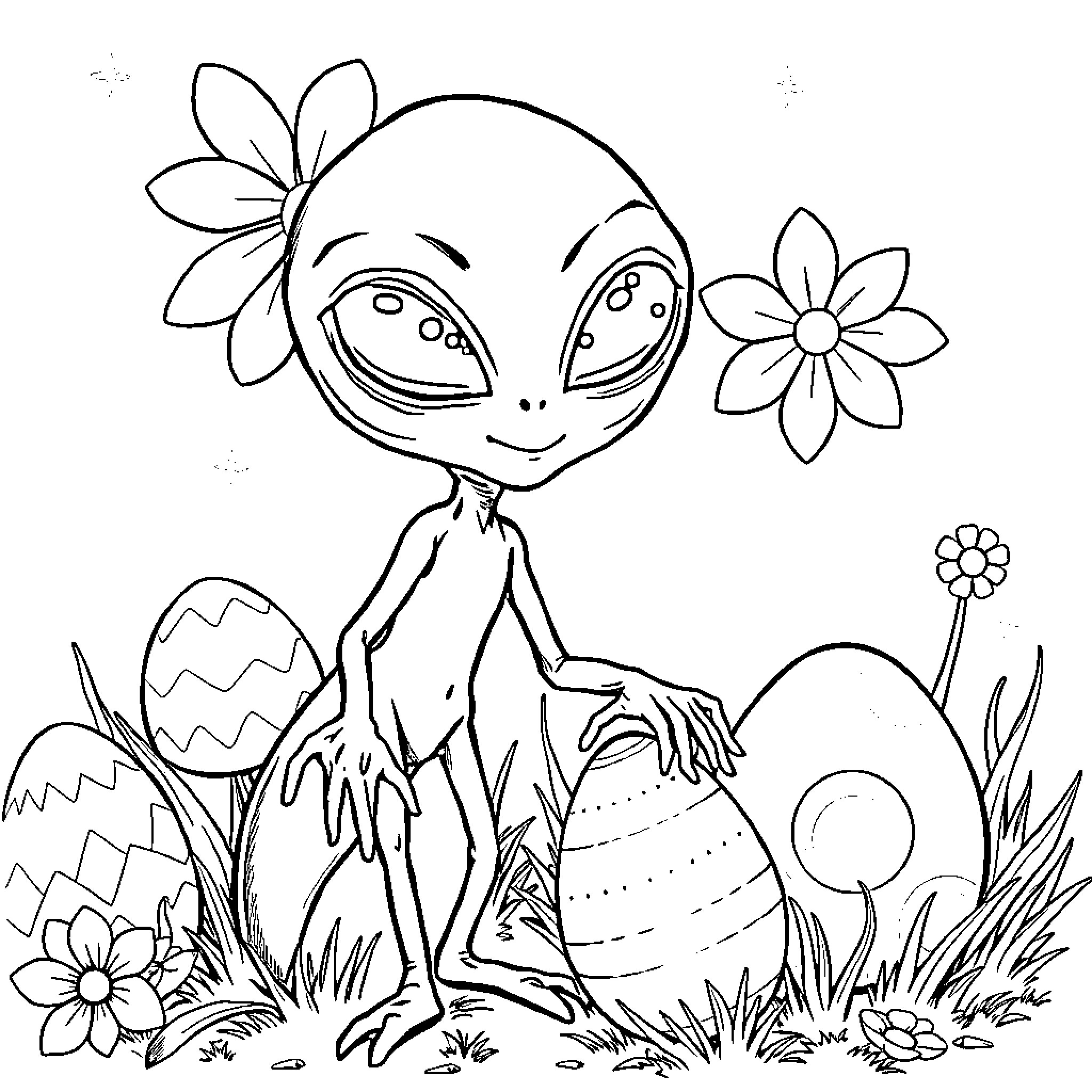 Alien Enjoying a Whimsical Floral Scene Coloring Page (free black-and-white line drawing printable PDF for all, from beginners to advanced learners, including children, teens, adults, and seniors)