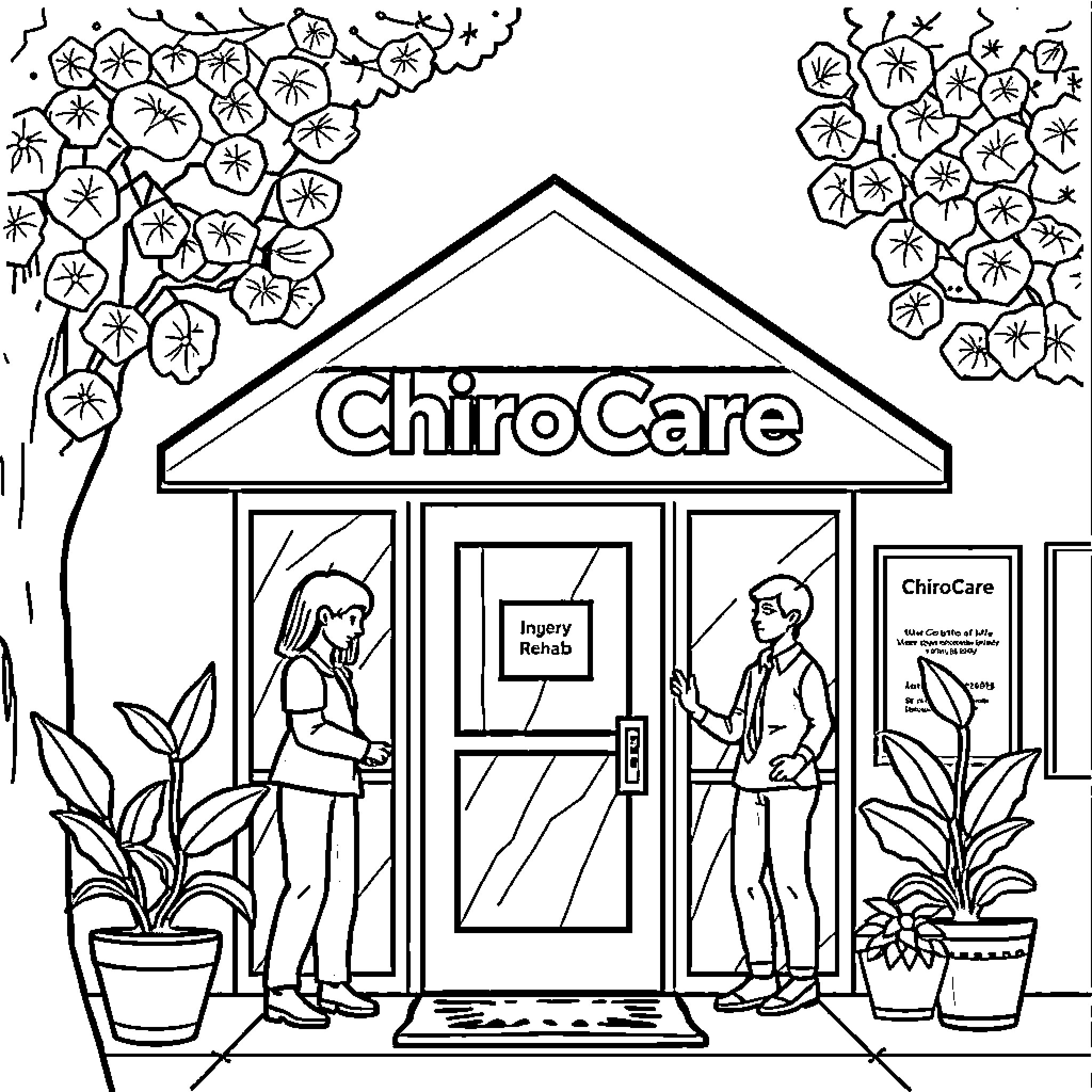 ChiroCare: Patients Receiving Care at Chiropractic Clinic Coloring Page (free black-and-white line drawing printable PDF for all, from beginners to advanced learners, including children, teens, adults, and seniors)
