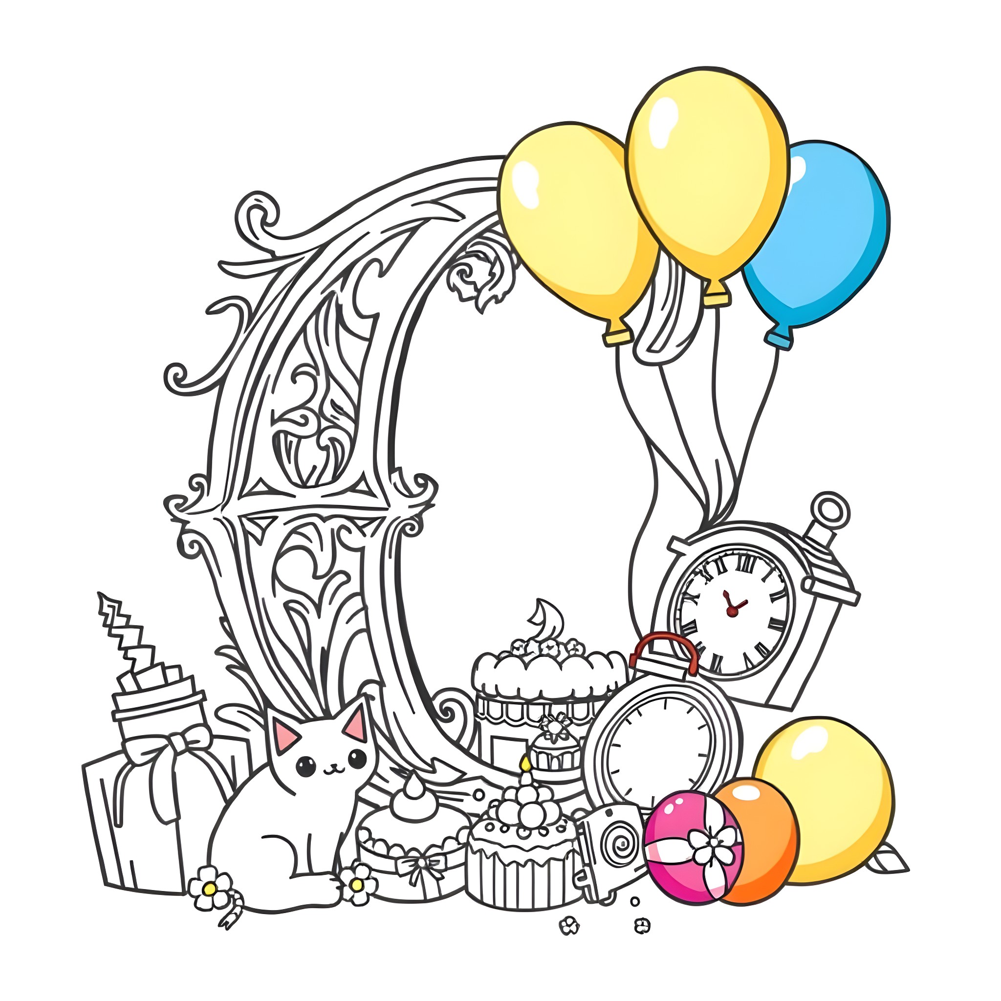 Letter C: Whimsical Party Scene with Balloons and Clocks Coloring Page (free black-and-white line drawing printable PDF for all, from beginners to advanced learners, including children, teens, adults, and seniors)