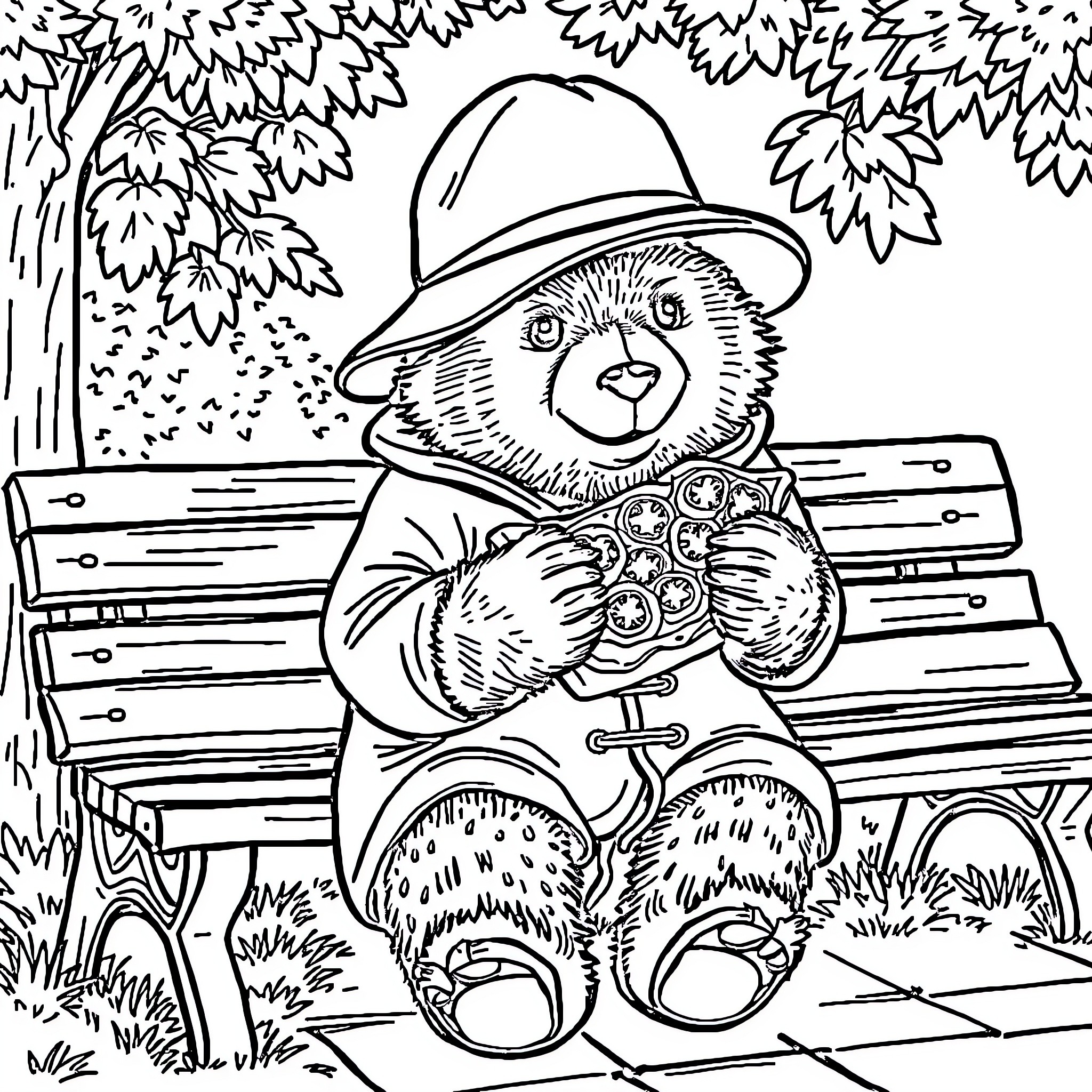 Paddington Bear relaxing on a park bench Coloring Page (free black-and-white line drawing printable PDF for all, from beginners to advanced learners, including children, teens, adults, and seniors)