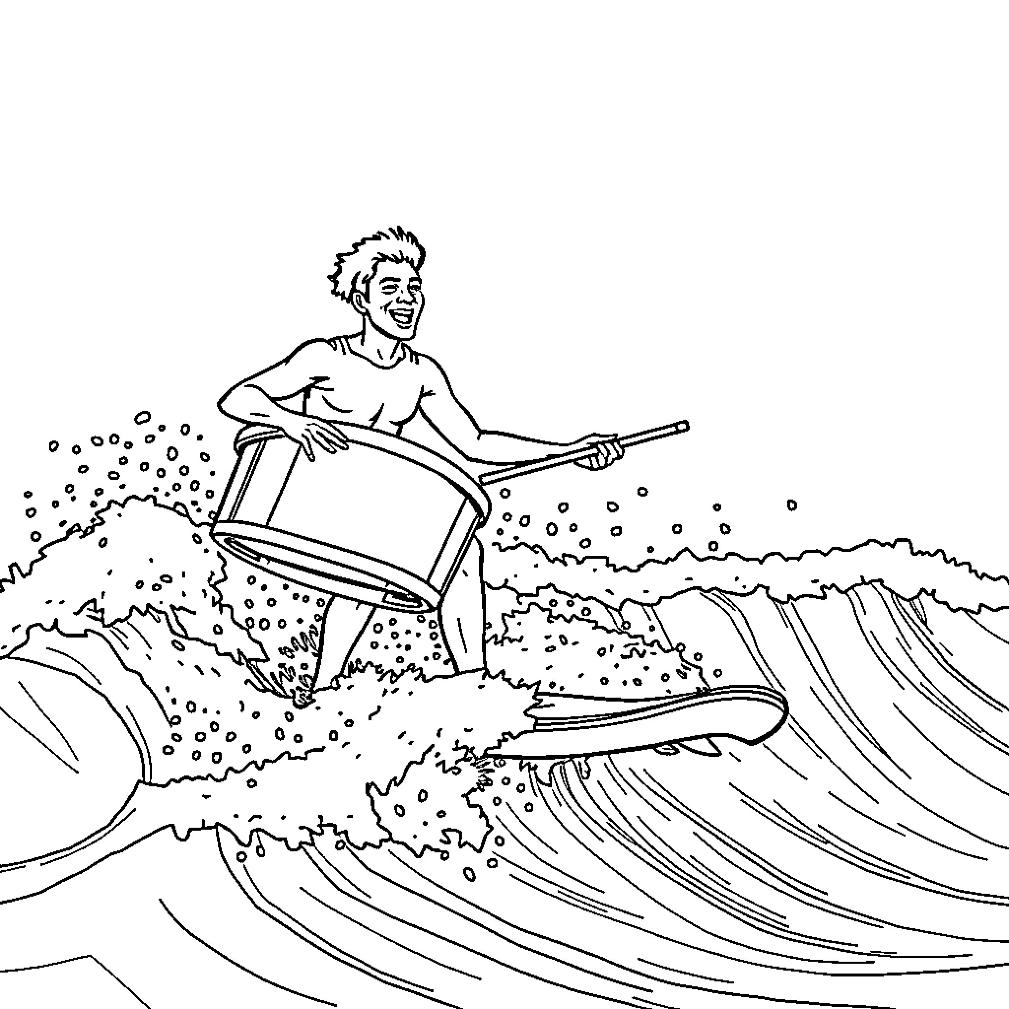 Steelpan player riding waves in the ocean Coloring Page (free black-and-white line drawing printable PDF for all, from beginners to advanced learners, including children, teens, adults, and seniors)
