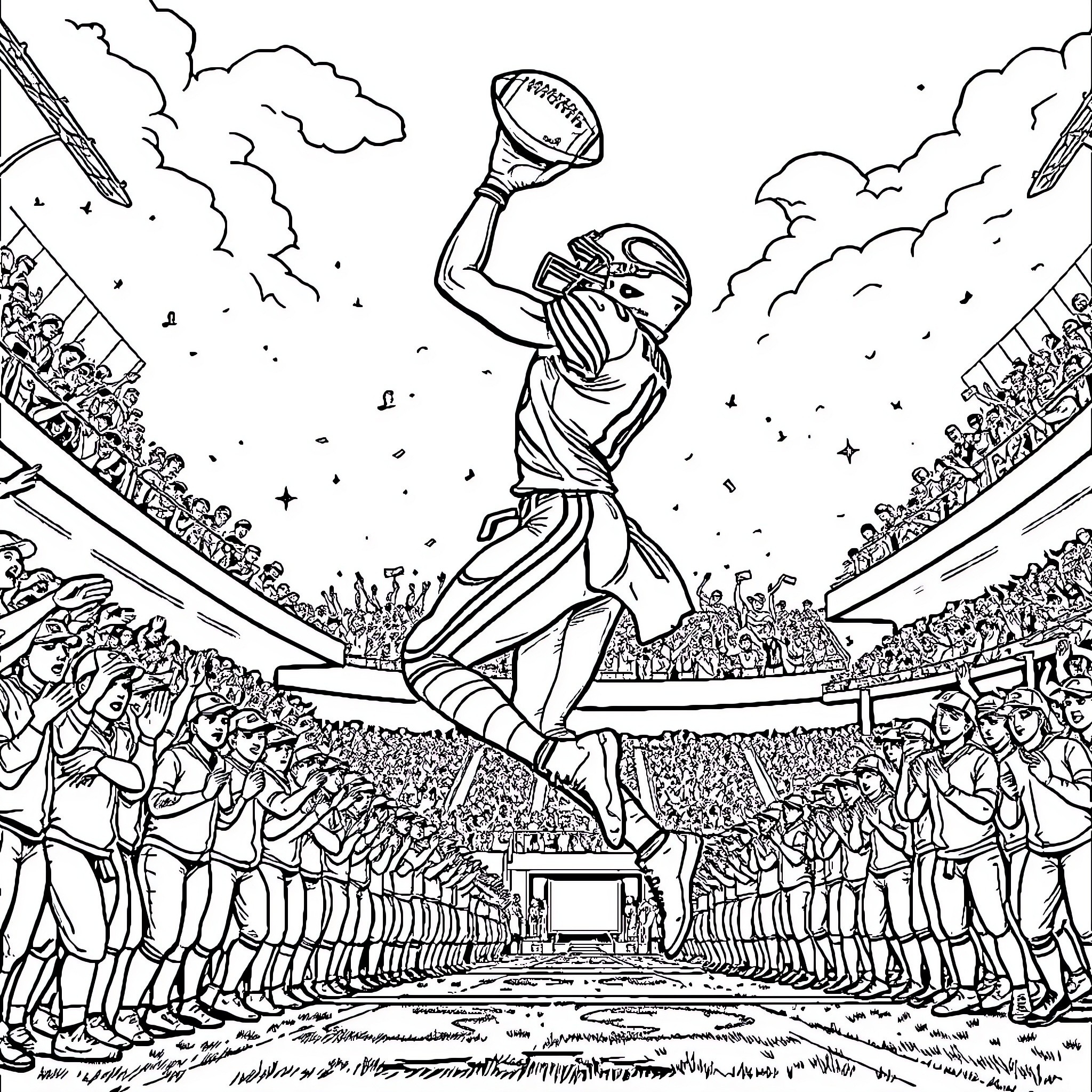Justin Jefferson scoring touchdown in a football stadium Coloring Page (free black-and-white line drawing printable PDF for all, from beginners to advanced learners, including children, teens, adults, and seniors)