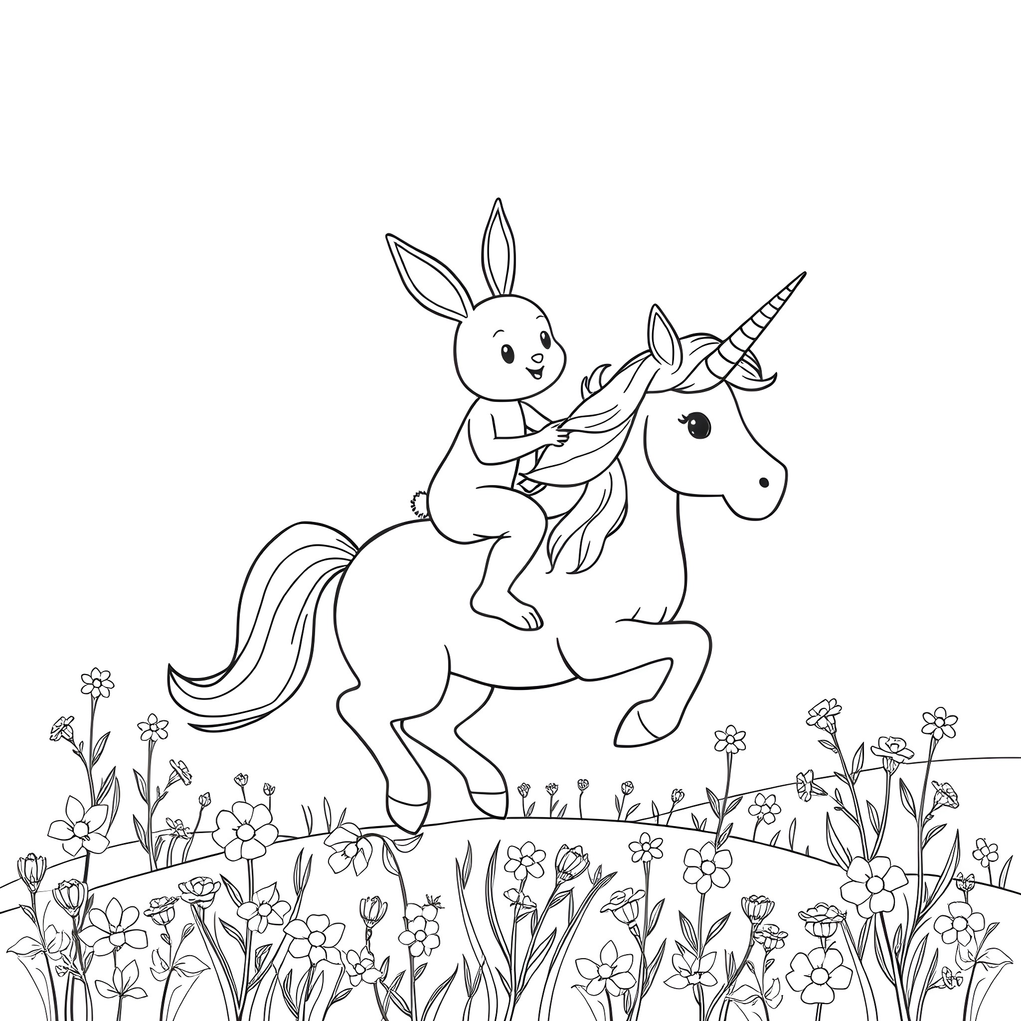 Bunny riding a unicorn in a floral meadow Coloring Page (free black-and-white line drawing printable PDF for all, from beginners to advanced learners, including children, teens, adults, and seniors)