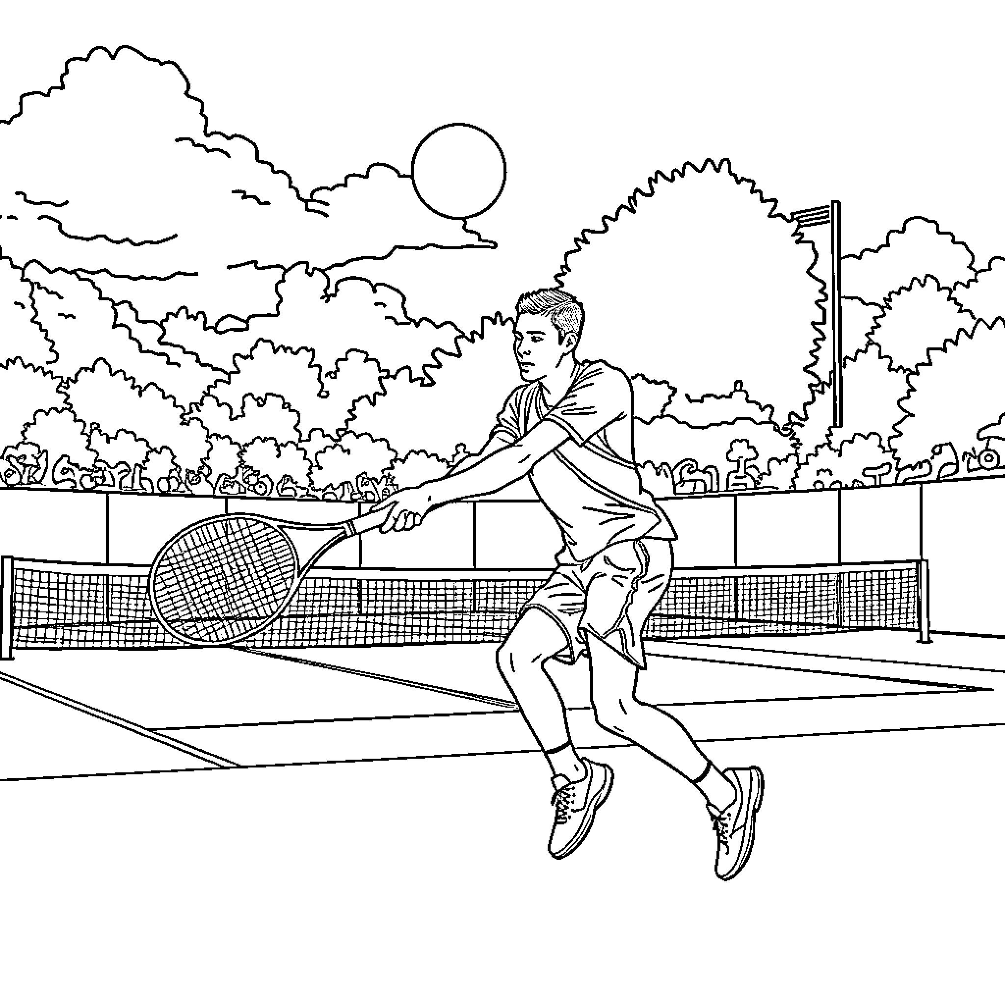Kylian Mbappe playing tennis on the court Coloring Page (free black-and-white line drawing printable PDF for all, from beginners to advanced learners, including children, teens, adults, and seniors)