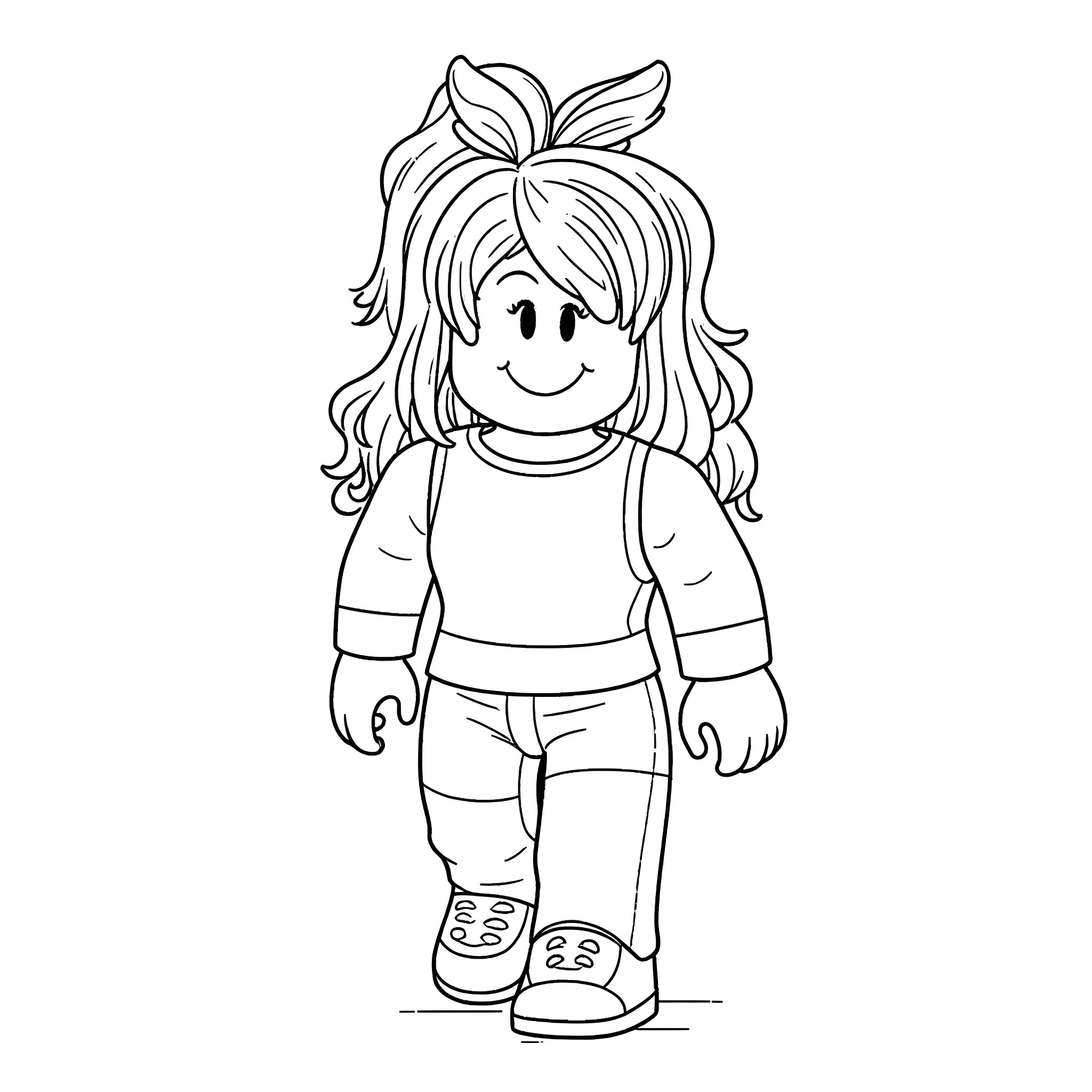 Bacon Hair Girl in Casual Outfit Coloring Page (free black-and-white line drawing printable PDF for all, from beginners to advanced learners, including children, teens, adults, and seniors)