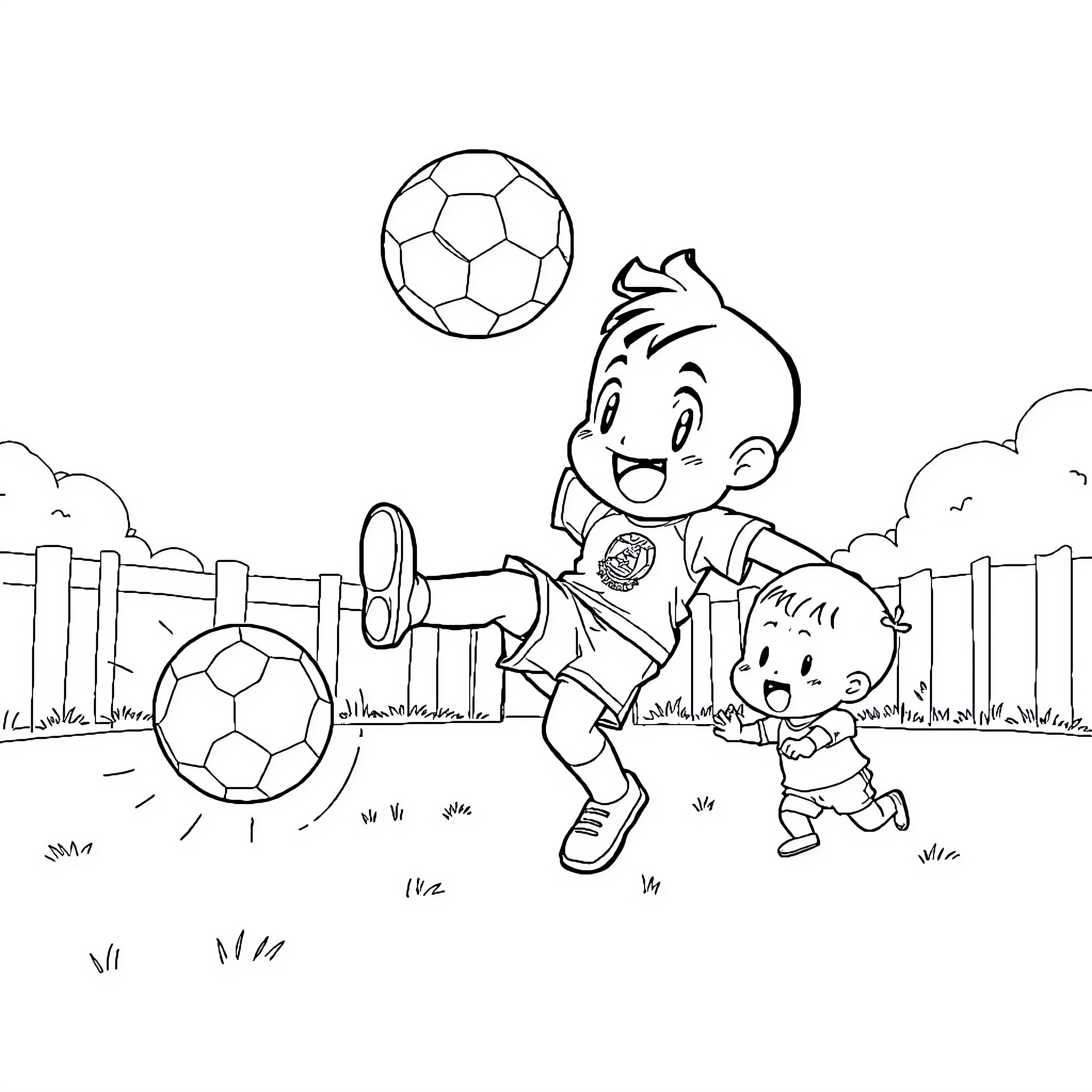 Chigiri: Children Playing with Soccer Balls Coloring Page (free black-and-white line drawing printable PDF for all, from beginners to advanced learners, including children, teens, adults, and seniors)