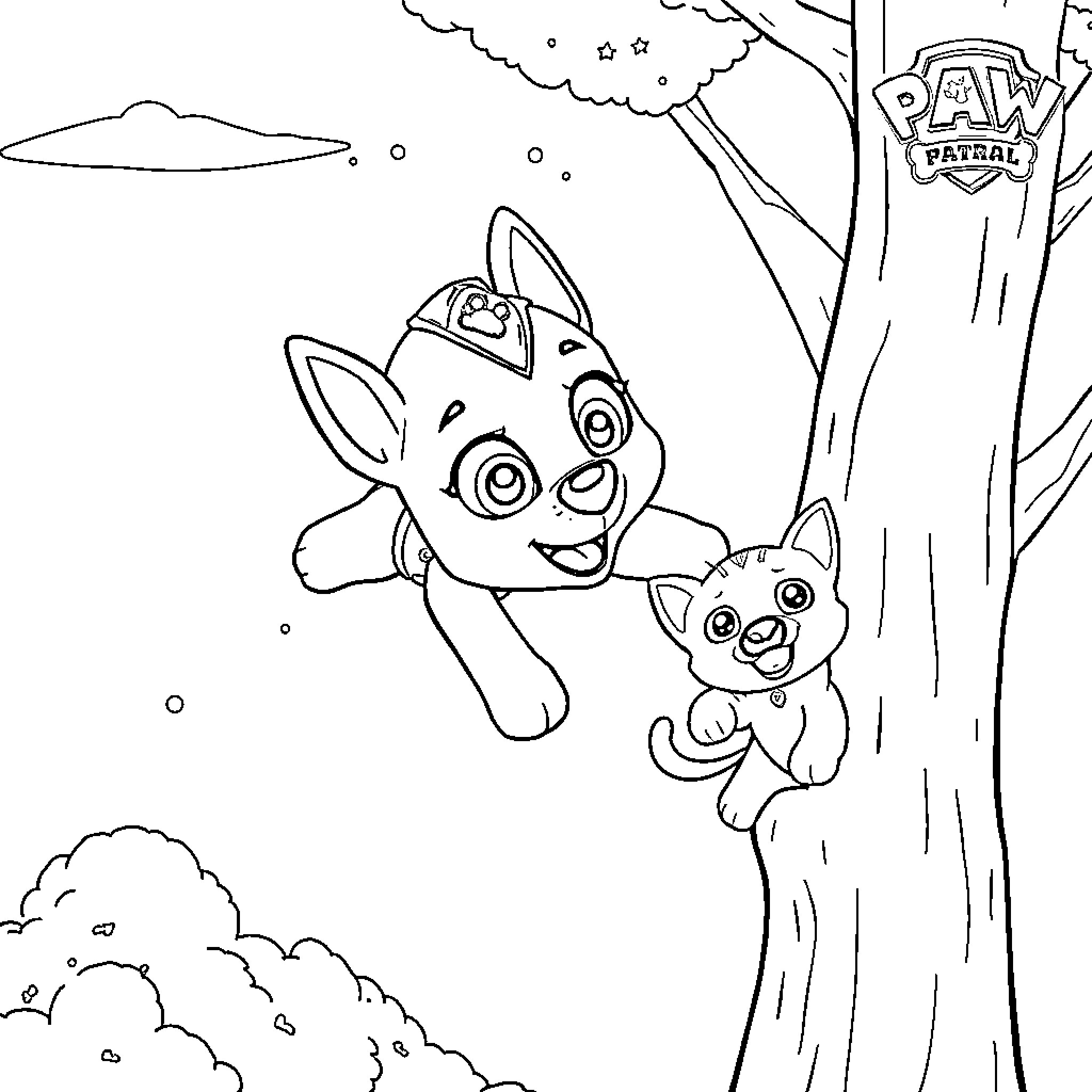 Skye and Everest's Playful Adventure in the Woods Coloring Page (free black-and-white line drawing printable PDF for all, from beginners to advanced learners, including children, teens, adults, and seniors)